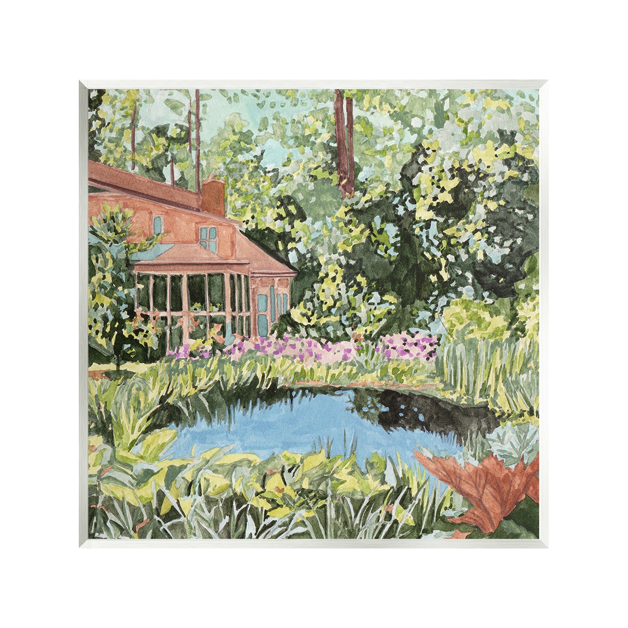 Stupell Industries Cottage with Backyard Pond Landscape Painting Unframed Art Print Wall Art, 12 x 12