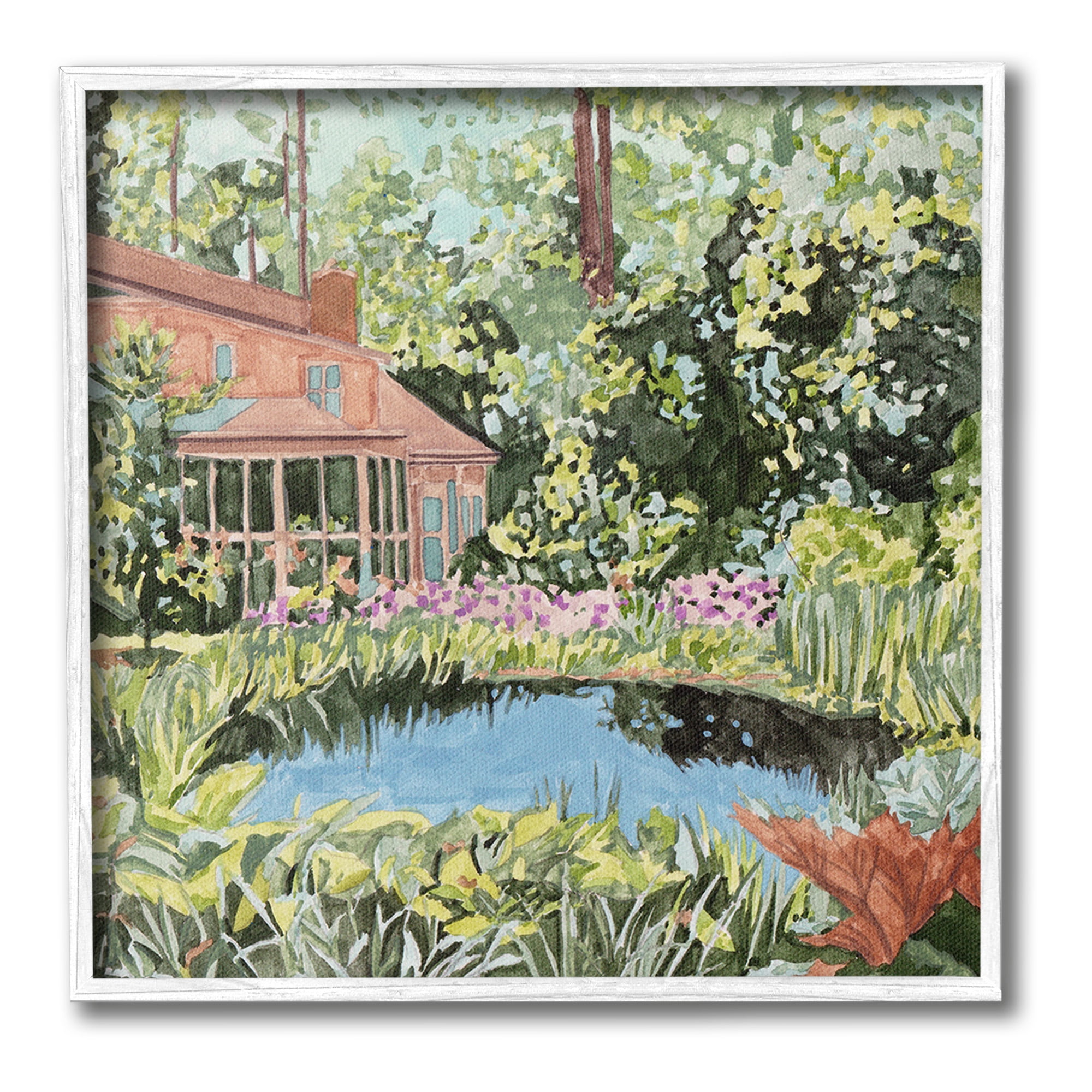 Stupell Industries Cottage with Backyard Pond Landscape Painting White Framed Art Print Wall Art, 24 x 24