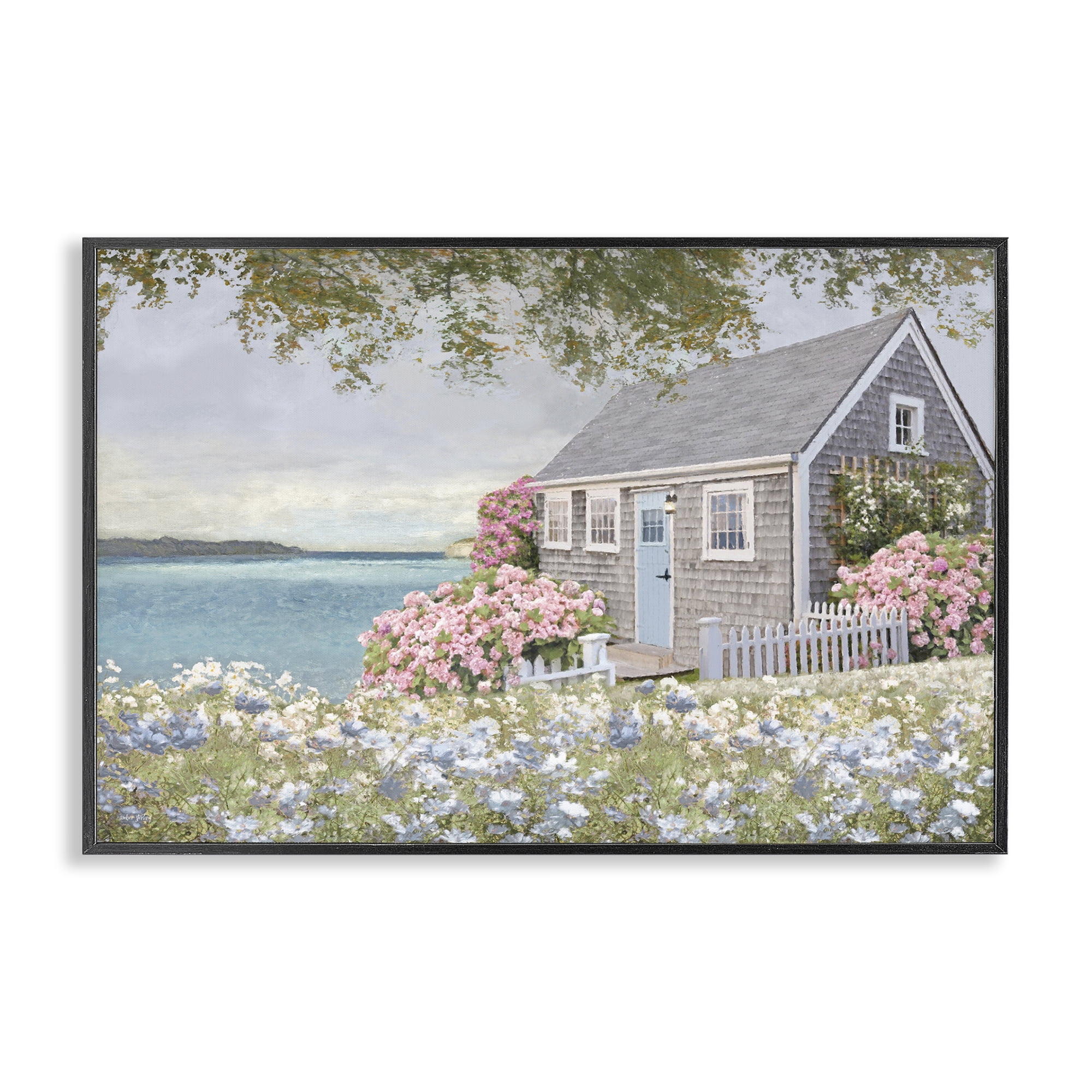 Stupell Industries Cottage with Rose Garden Landscape & Nature Painting Black Framed Art Print Wall Art, 30 x 20