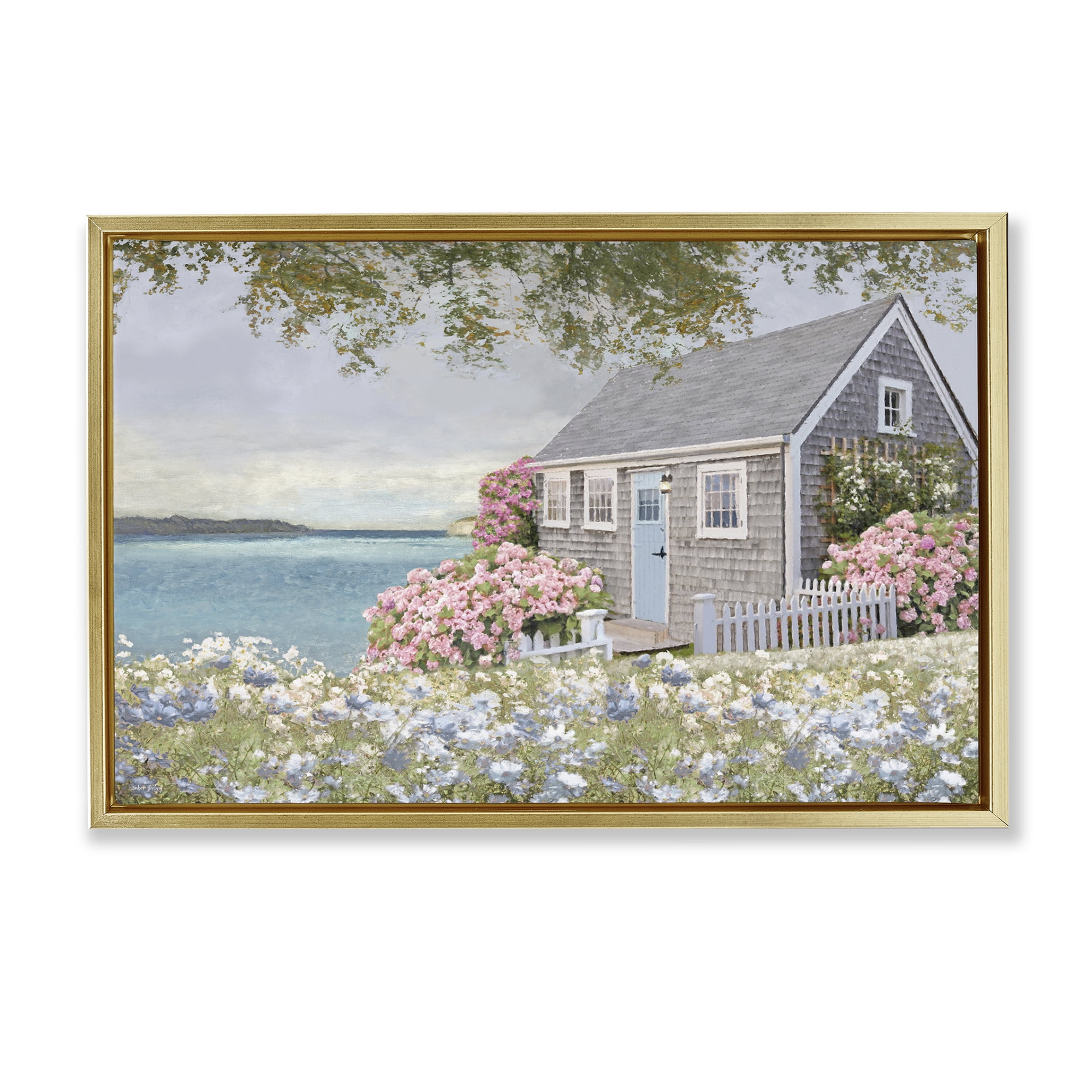 Stupell Industries Cottage with Rose Garden Landscape & Nature Painting Gold Floater Framed Canvas Art Print Wall Art, 25 x 17