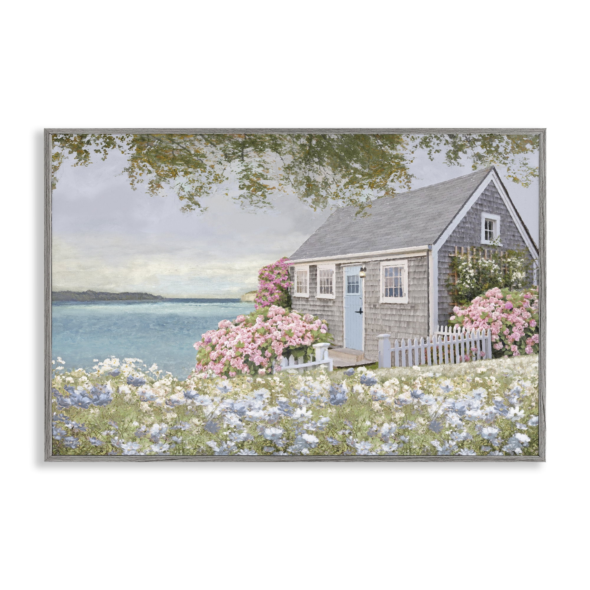 Stupell Industries Cottage with Rose Garden Landscape & Nature Painting Gray Framed Art Print Wall Art, 30 x 20