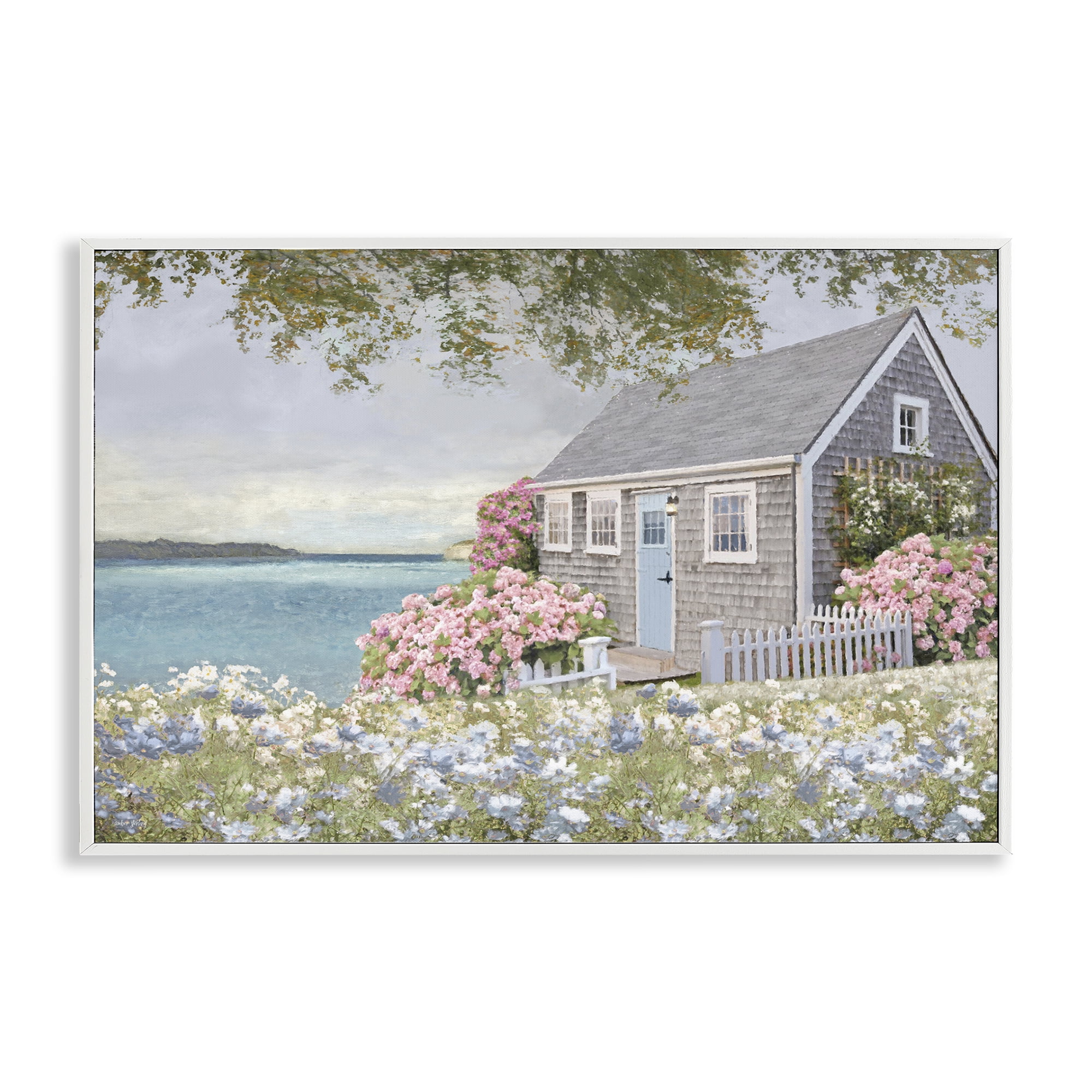 Stupell Industries Cottage with Rose Garden Landscape & Nature Painting White Framed Art Print Wall Art, 18 x 12