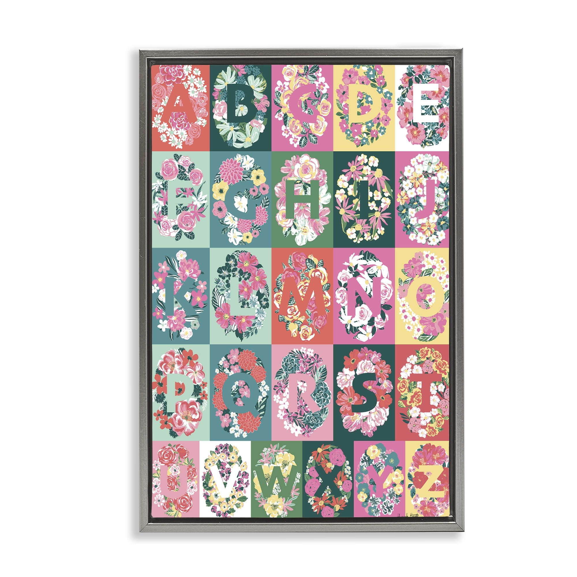Stupell Industries Cottagecore Blooms Alphabet Plants & Flowers Painting Gray Floater Framed Canvas Art Print Wall Art, 21 x 31