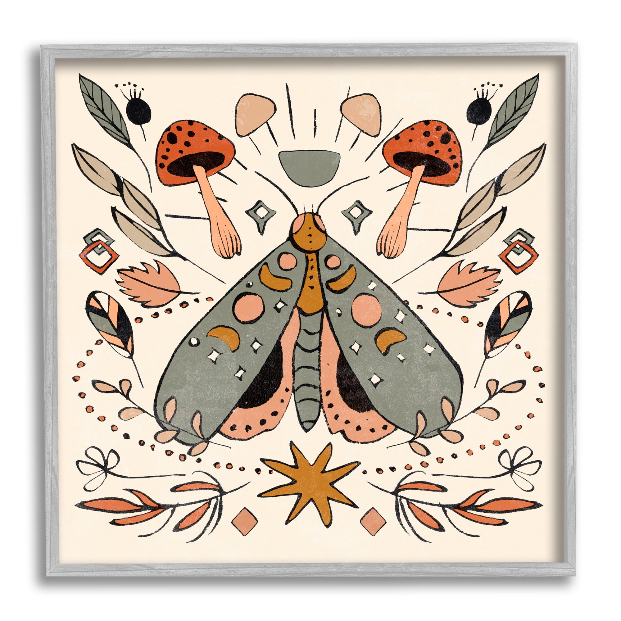 Stupell Industries Cottagecore Botanicals Pattern Animals & Insects Painting Gray Framed Art Print Wall Art, 12 x 12