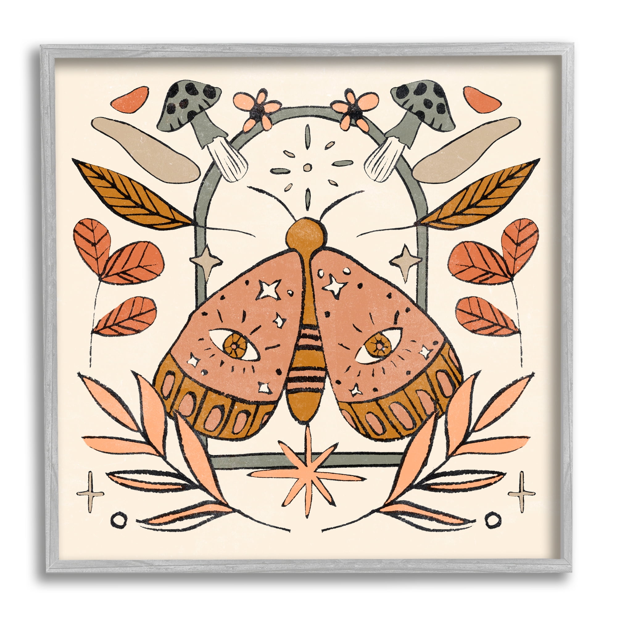 Stupell Industries Cottagecore Moth & Mushrooms Animals & Insects Painting Gray Framed Art Print Wall Art, 12 x 12