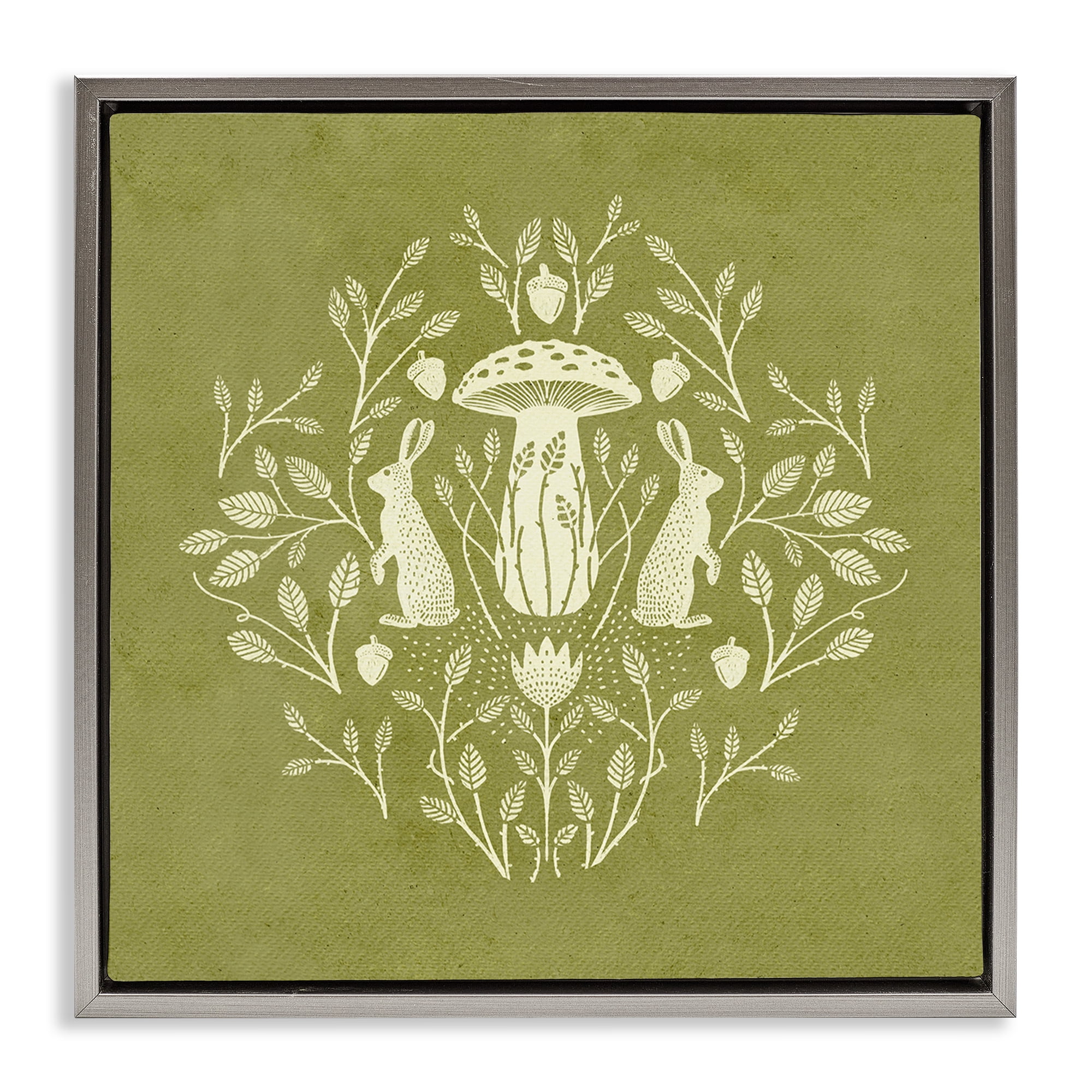 Stupell Industries Cottagecore Mushroom & Rabbits Plants & Flowers Painting Gray Floater Framed Canvas Art Print Wall Art, 18 x 18