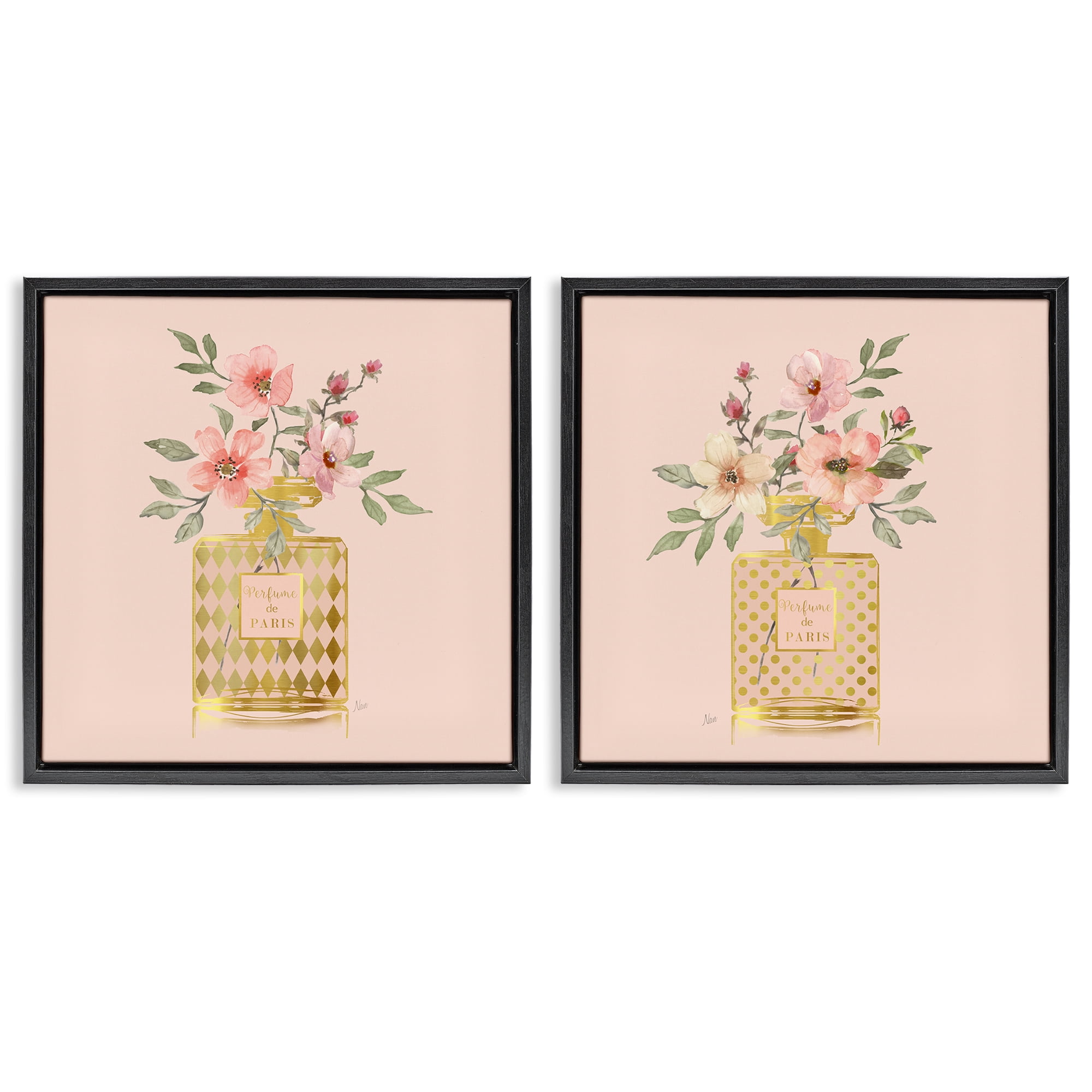 Stupell Industries Cotton Candy Pink Flower Perfume Plants & Flowers Painting Black Floater Framed Canvas Art Print Wall Art, 18 x 18, Set of 2