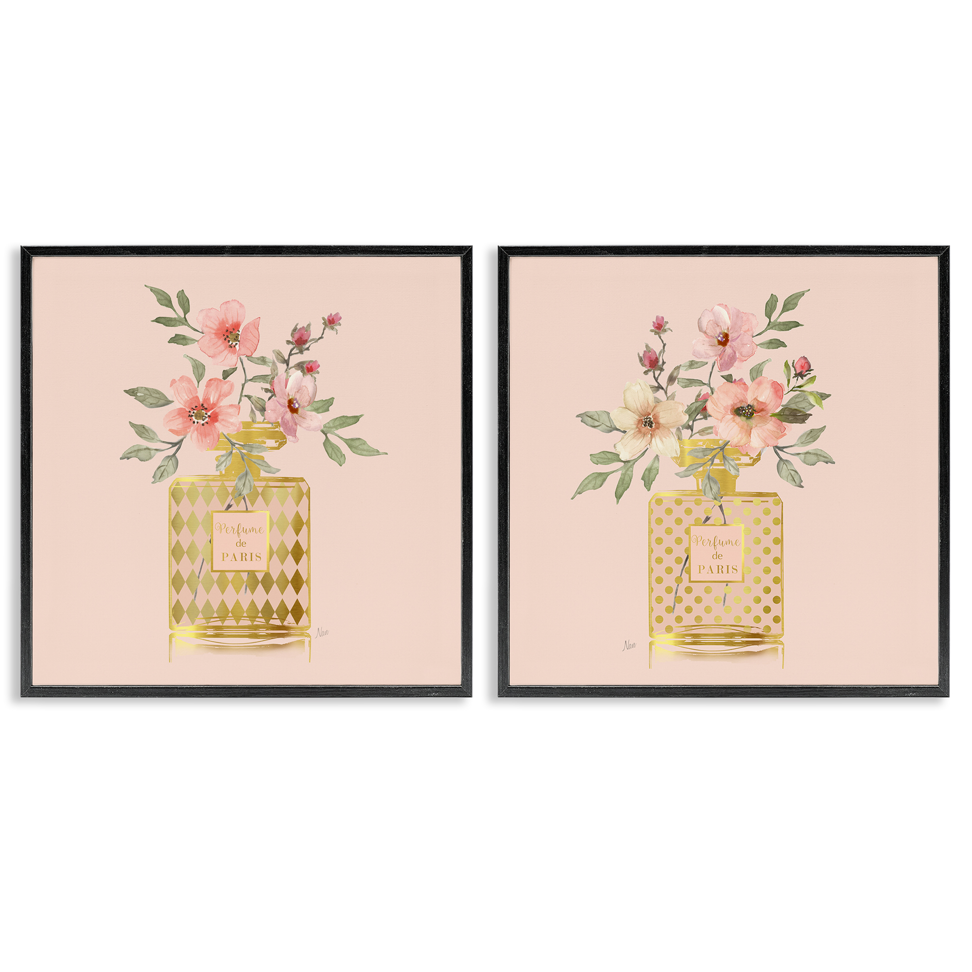 Stupell Industries Cotton Candy Pink Flower Perfume Plants & Flowers Painting Black Framed Art Print Wall Art, 24 x 24, Set of 2