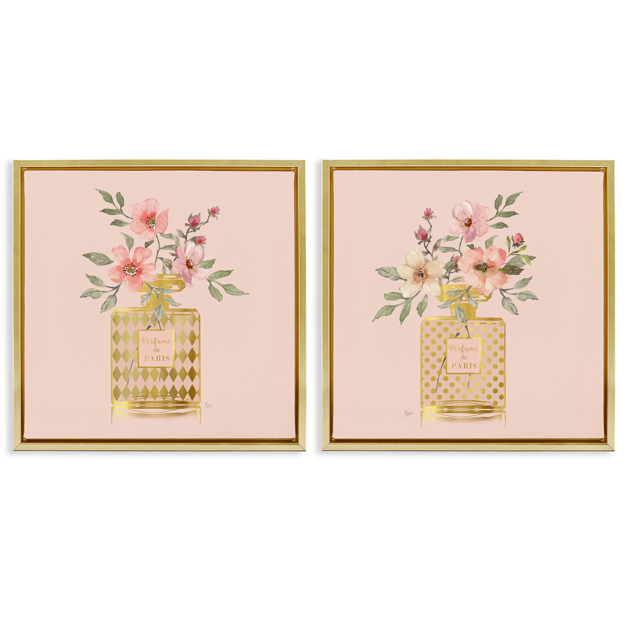 Stupell Industries Cotton Candy Pink Flower Perfume Plants & Flowers Painting Gold Floater Framed Canvas Art Print Wall Art, 18 x 18, Set of 2