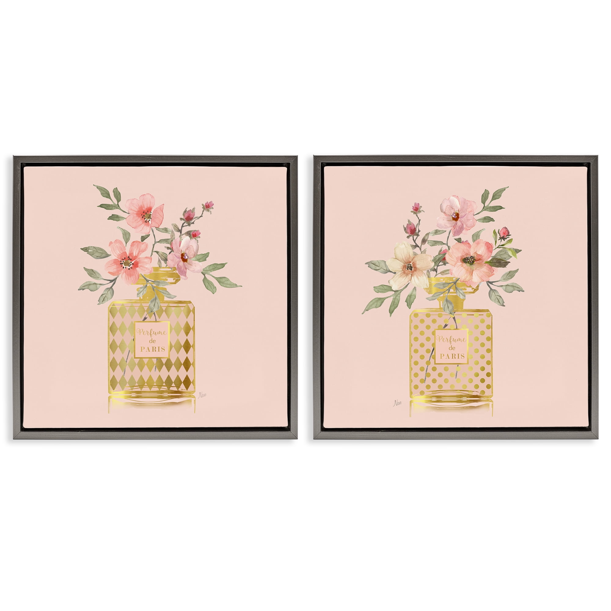 Stupell Industries Cotton Candy Pink Flower Perfume Plants & Flowers Painting Gray Floater Framed Canvas Art Print Wall Art, 18 x 18, Set of 2