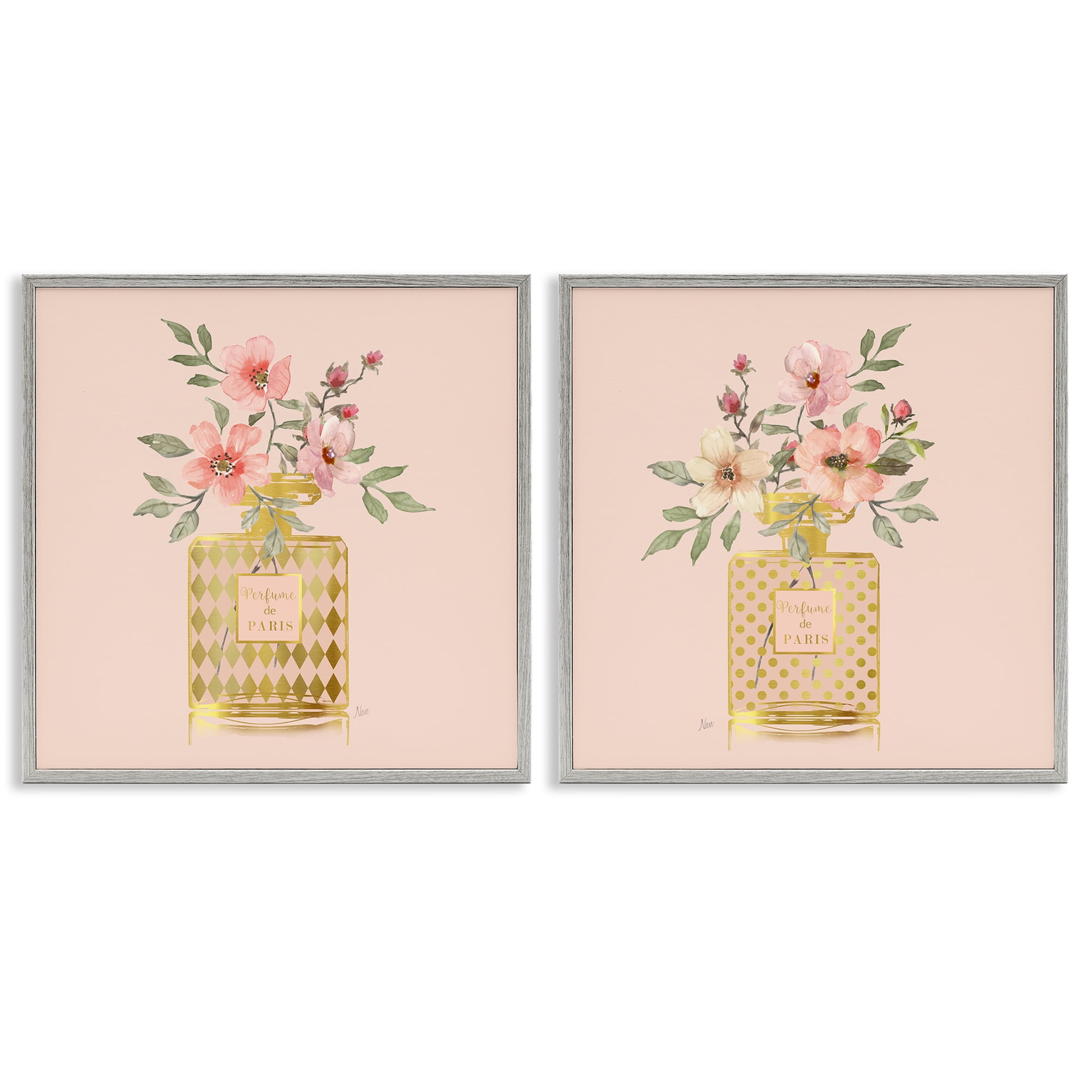 Stupell Industries Cotton Candy Pink Flower Perfume Plants & Flowers Painting Gray Framed Art Print Wall Art, 12 x 12, Set of 2