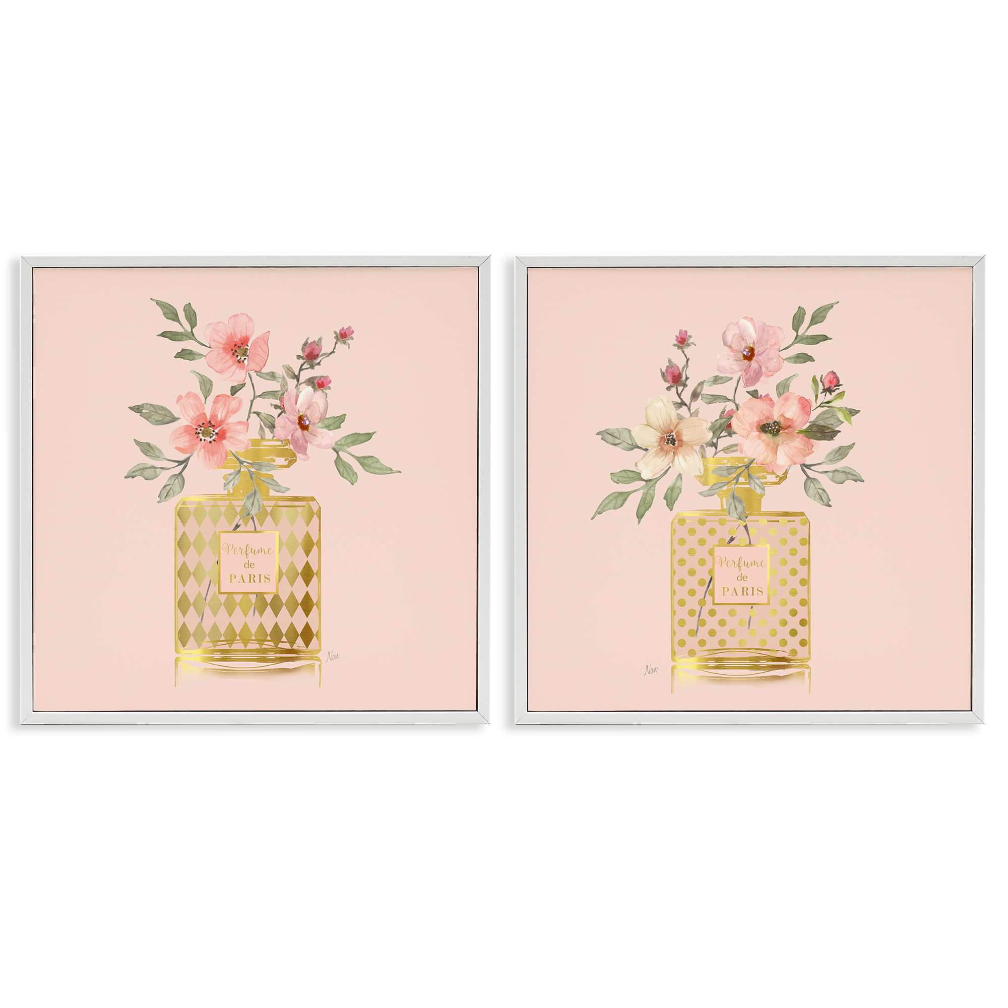 Stupell Industries Cotton Candy Pink Flower Perfume Plants & Flowers Painting White Framed Art Print Wall Art, 12 x 12, Set of 2