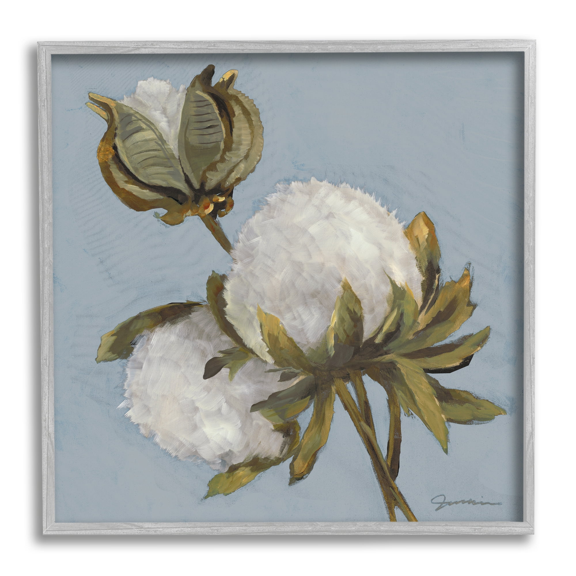 Stupell Industries Cotton Flower Blooms Painting Botanical & Floral Painting Gray Framed Art Print Wall Art