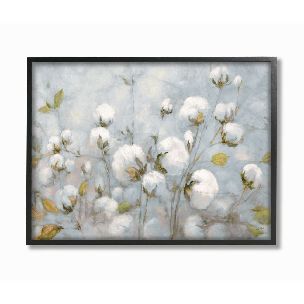 Cotton Flower Field Blue Green Landscape Canvas Print with Black Frame