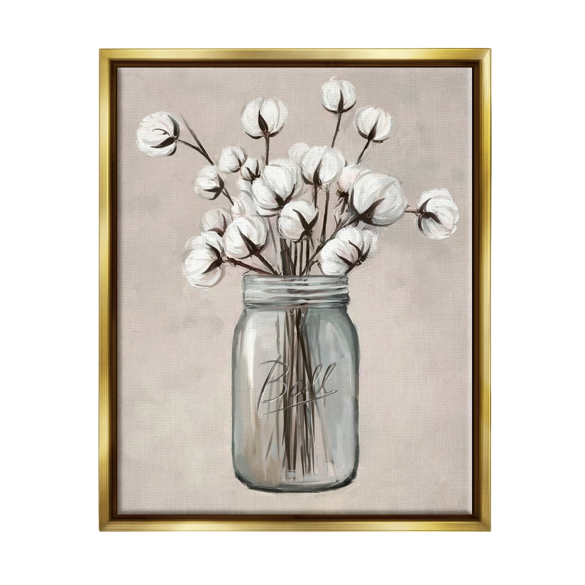 Stupell Industries Cotton Flower Jar Vase Botanical & Floral Painting Gold Floater Framed Art Print Wall Art