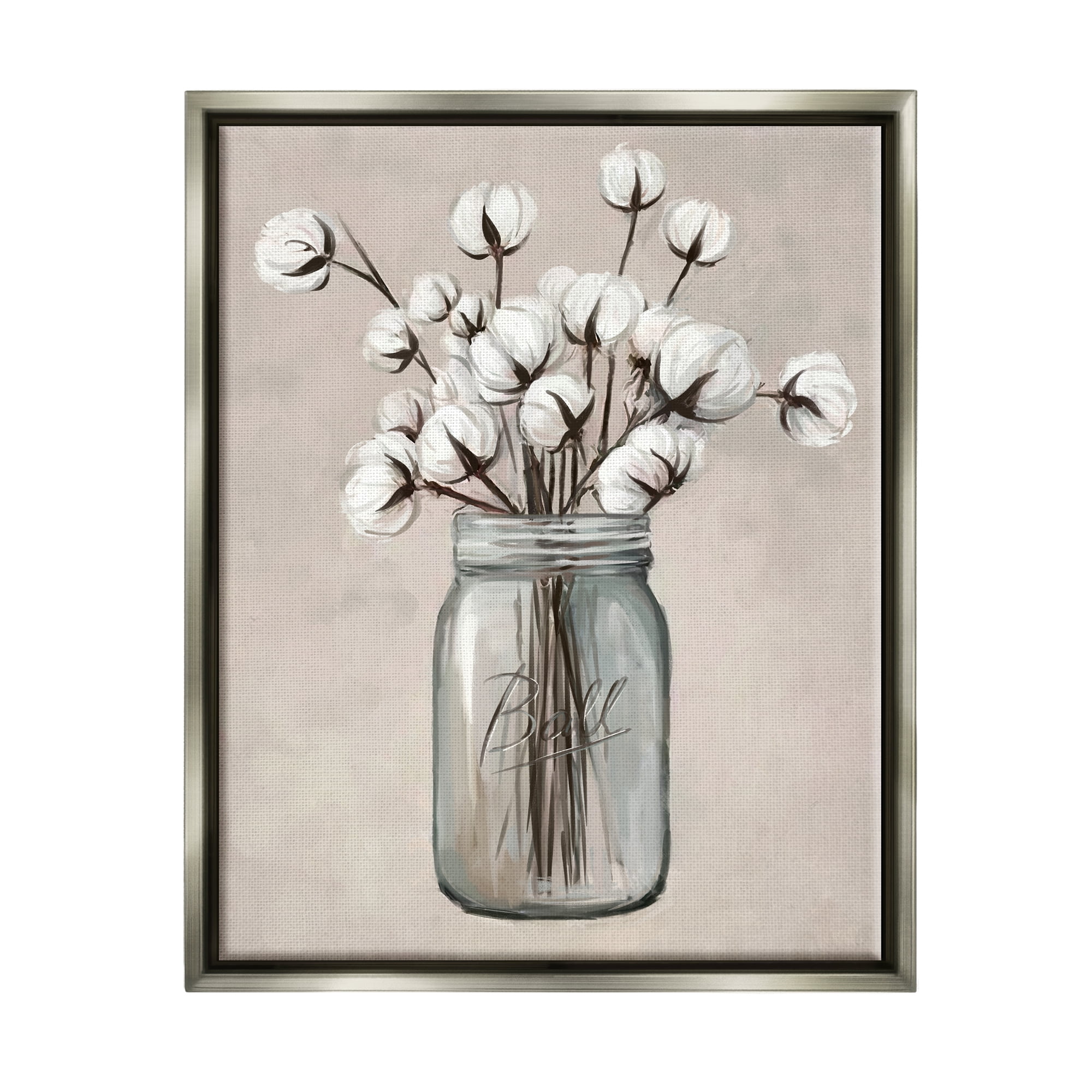 Stupell Industries Cotton Flower Jar Vase Botanical & Floral Painting Gray Floater Framed Art Print Wall Art