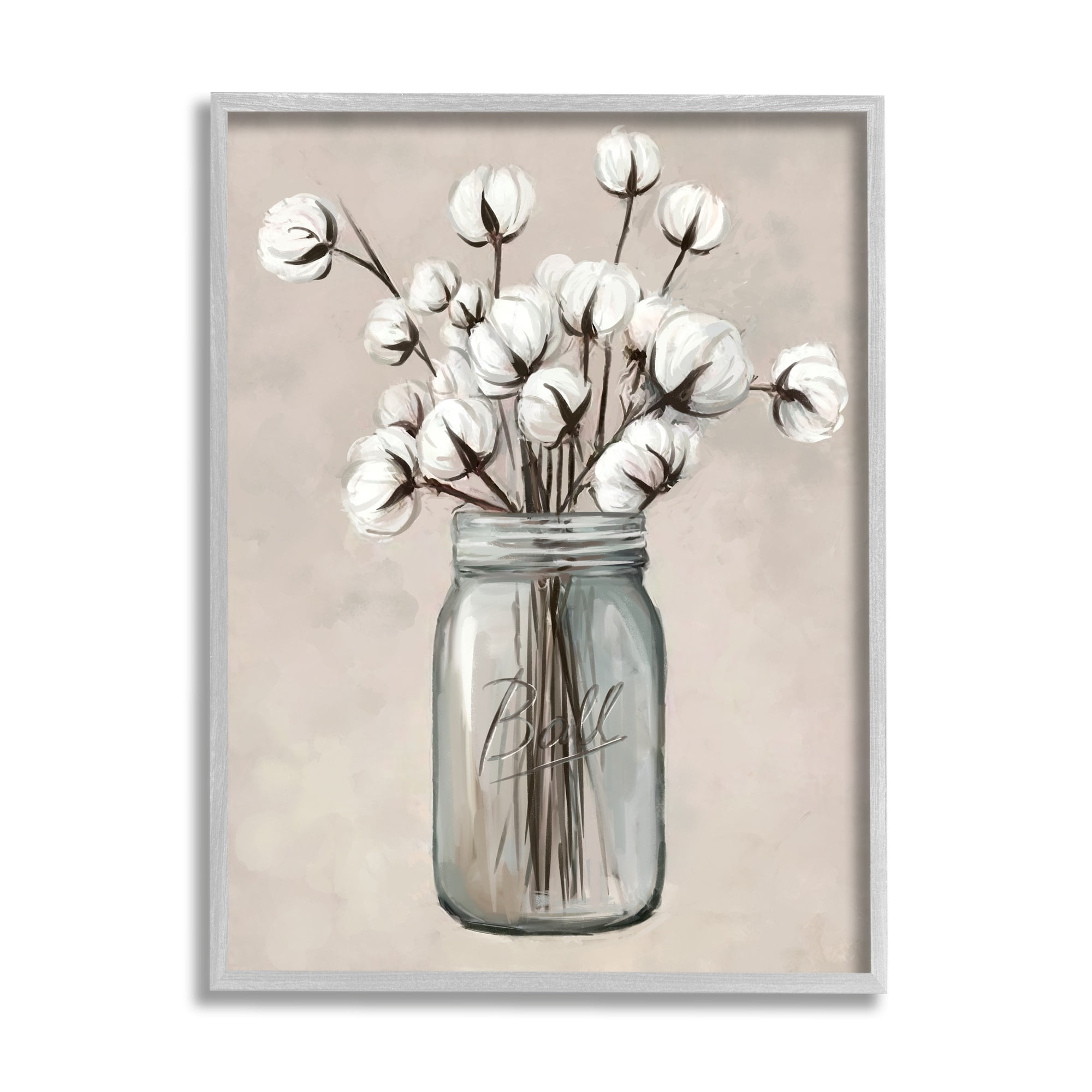 Stupell Industries Cotton Flower Jar Vase Botanical & Floral Painting Gray Framed Art Print Wall Art