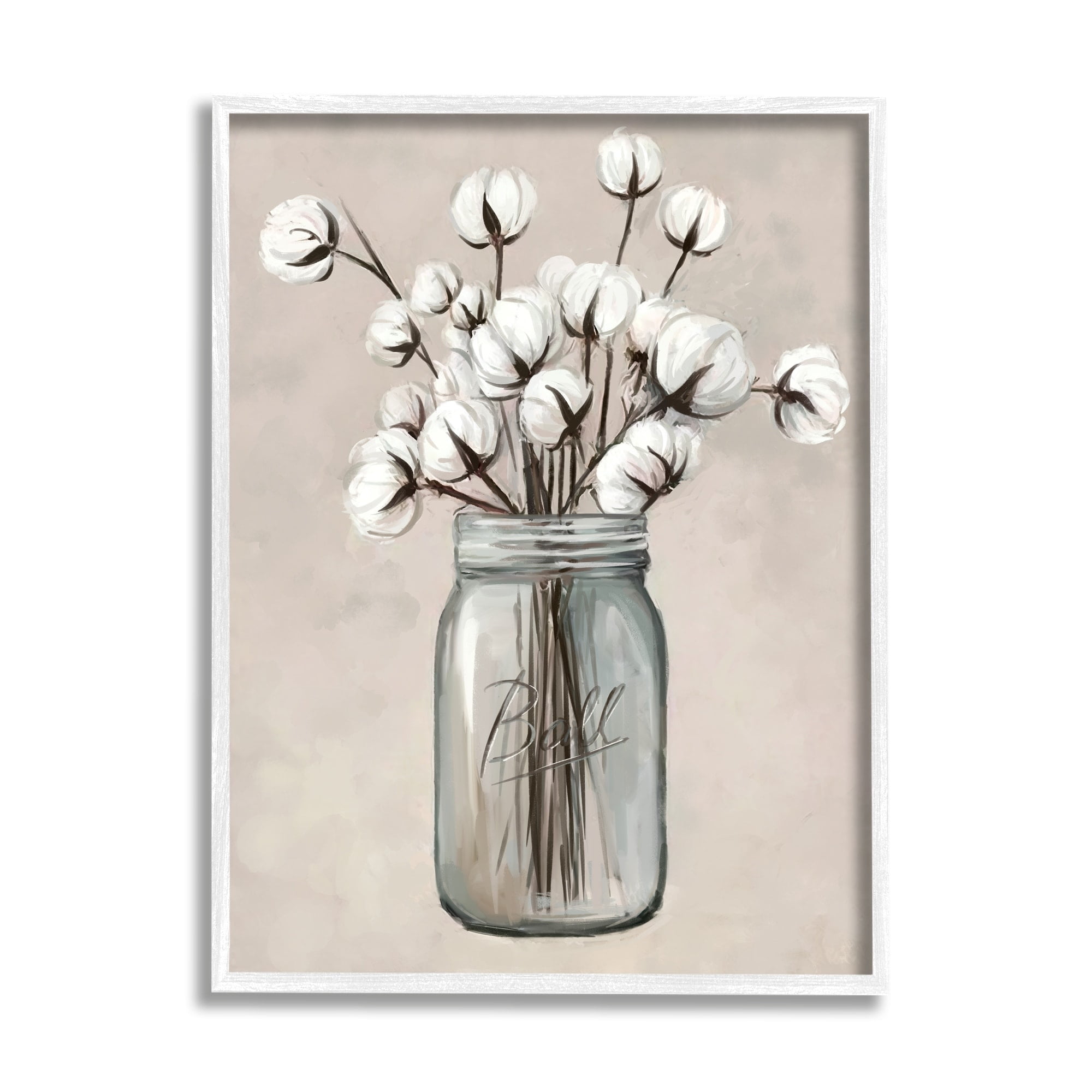 Cotton Flower Jar Vase Print on Canvas with White Frame