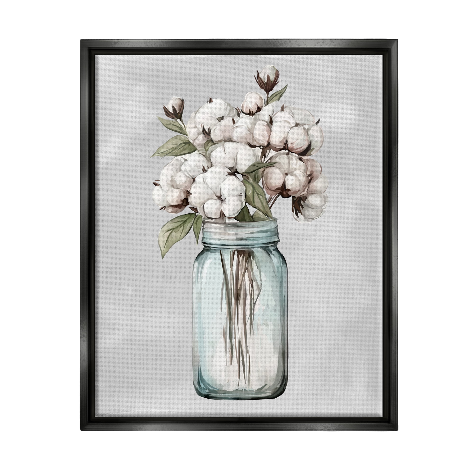 Stupell Industries Cotton Flower Sprigs Farmhouse Jar Botanical & Floral Painting Black Floater Framed Art Print Wall Art