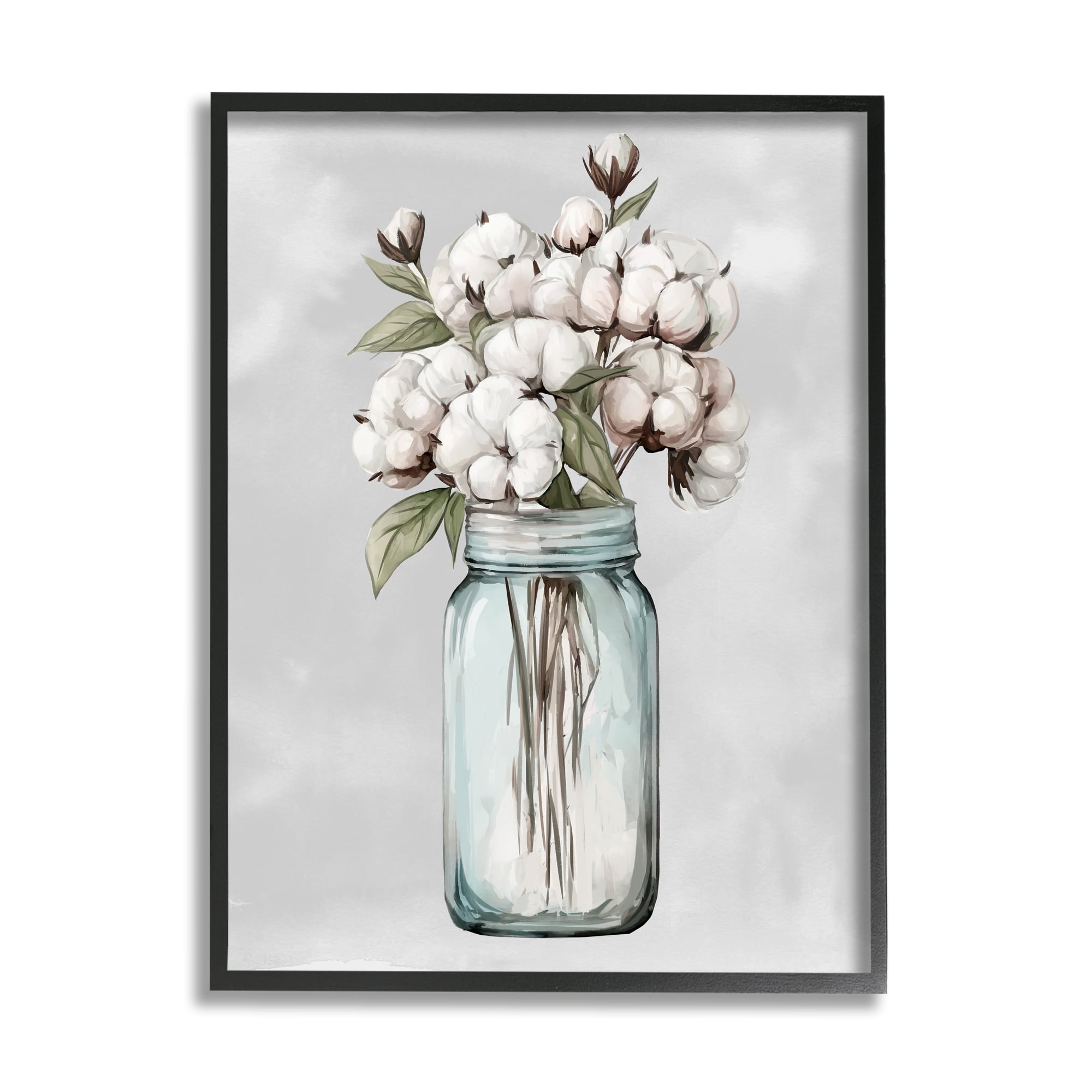 Stupell Industries Cotton Flower Sprigs Farmhouse Jar Botanical & Floral Painting Black Framed Art Print Wall Art