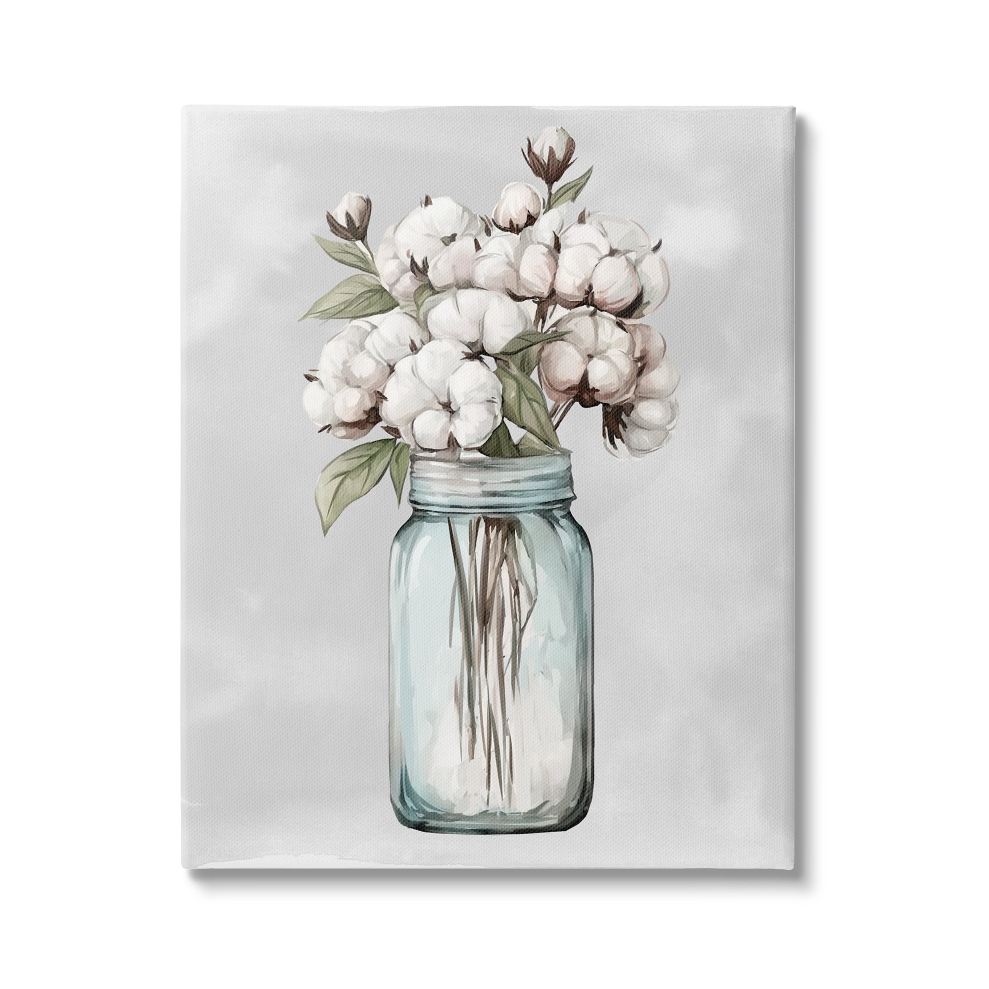 Stupell Industries Cotton Flower Sprigs Farmhouse Jar Botanical & Floral Painting Gallery Wrapped Canvas Print Wall Art