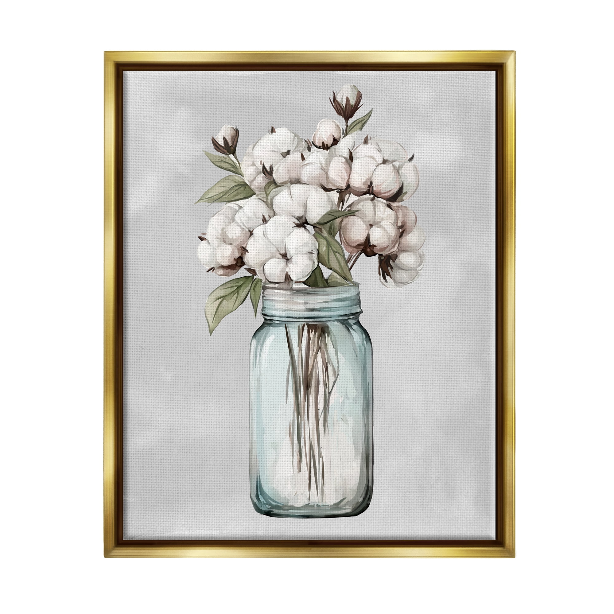 Stupell Industries Cotton Flower Sprigs Farmhouse Jar Botanical & Floral Painting Gold Floater Framed Art Print Wall Art