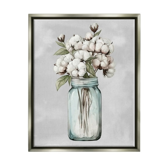 Stupell Industries Cotton Flower Sprigs Farmhouse Jar Botanical & Floral Painting Gray Floater Framed Art Print Wall Art