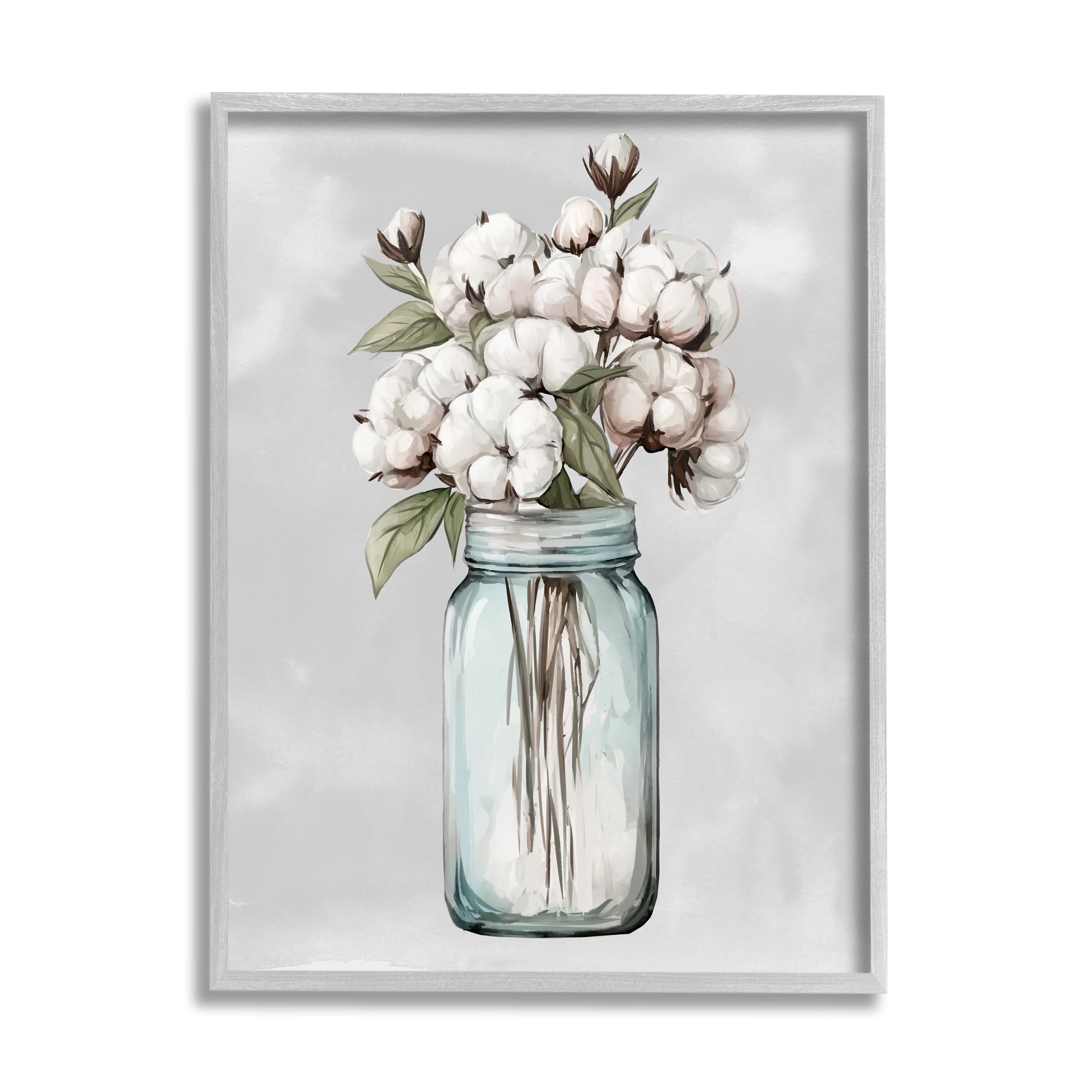 Stupell Industries Cotton Flower Sprigs Farmhouse Jar Botanical & Floral Painting Gray Framed Art Print Wall Art