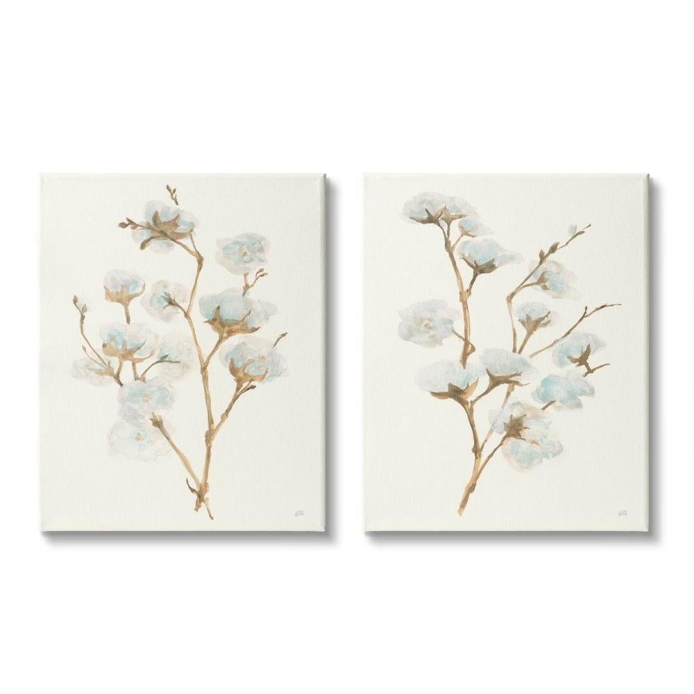 Cotton Flower Stems Rustic Floral Canvas Wall Art Set, 16 x 20