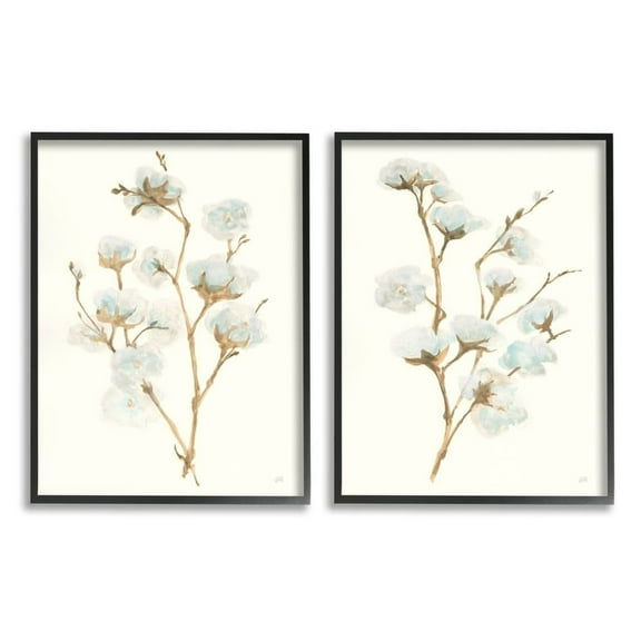 Stupell Industries Cotton Flower Stems Rustic Floral Farmhouse Painting Framed Wall Art Design by Chris Paschke, 2 Piece, 11" x 14", Black Framed