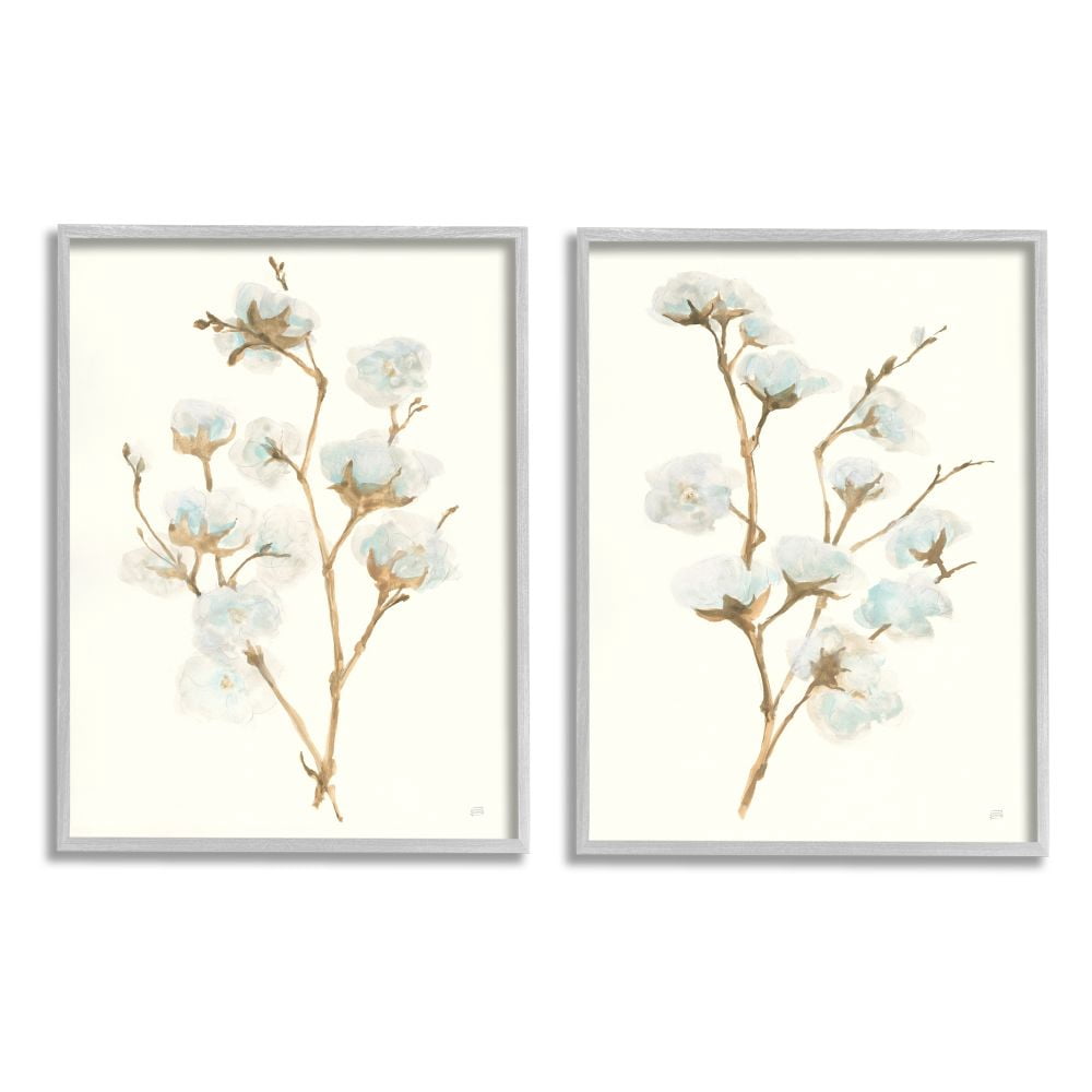 Stupell Industries Cotton Flower Stems Rustic Floral Farmhouse Painting Framed Wall Art Design by Chris Paschke, 2 Piece, 11" x 14", Gray Framed