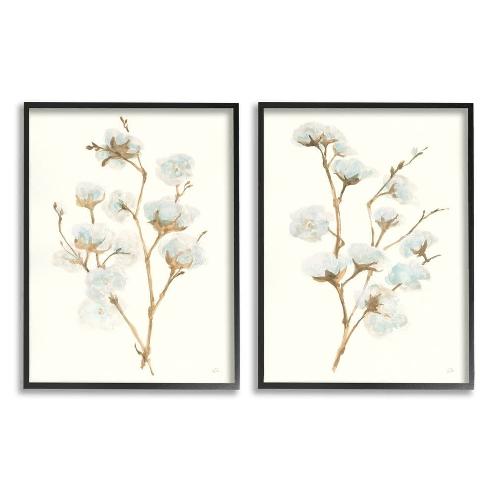 Stupell Industries Cotton Flower Stems Rustic Floral Farmhouse Painting Framed Wall Art Design by Chris Paschke, 2 Piece, 16" x 20", Black Framed