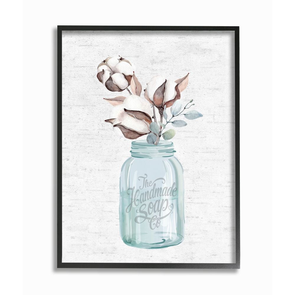 Stupell Industries Cotton Flower in Soap Branded Jar Floral Charm Framed Wall Art Design by Lettered and Lined, 11" x 14", Black Framed