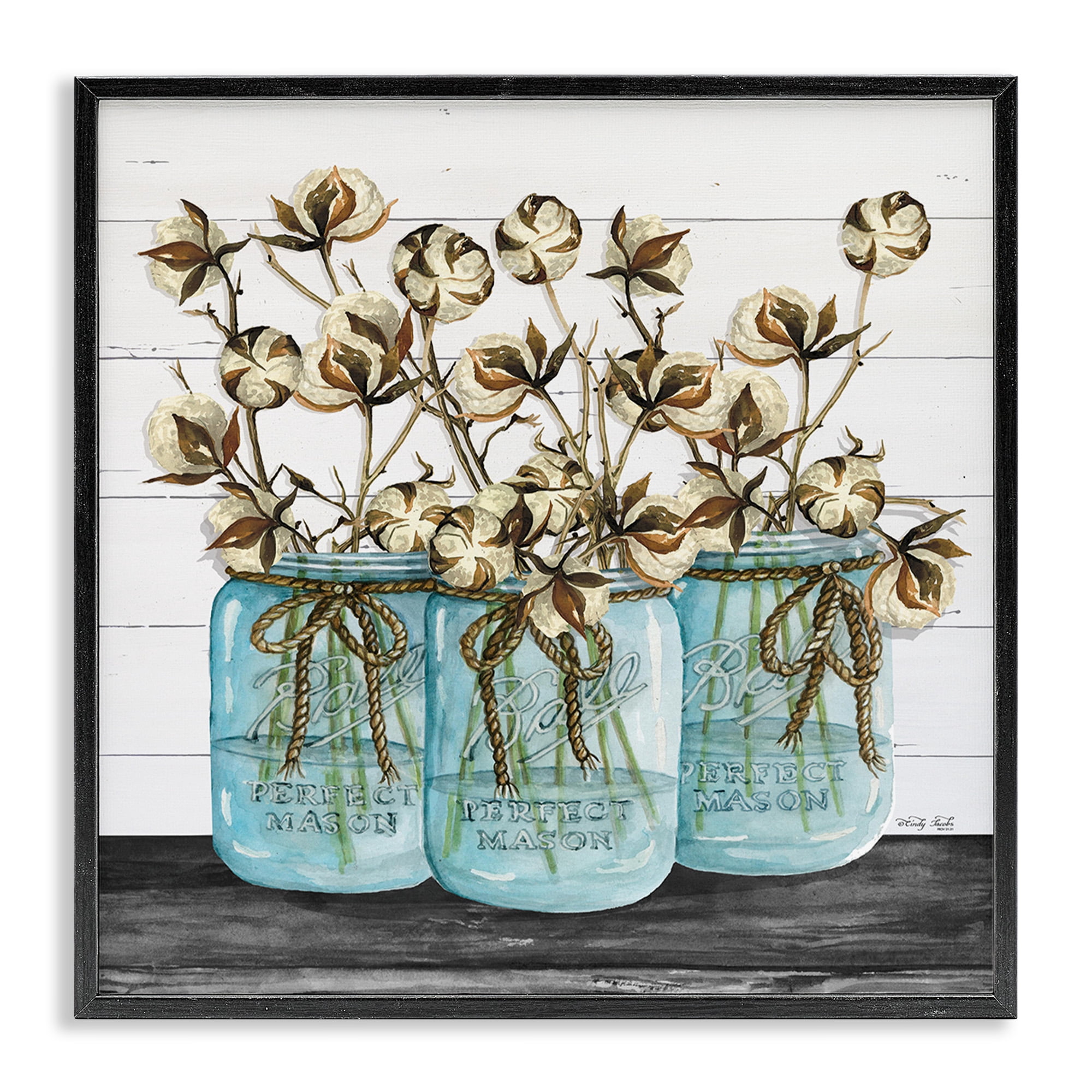Stupell Industries Cotton in Rustic Jars Botanical & Floral Painting Black Framed Art Print Wall Art, 17 x 17