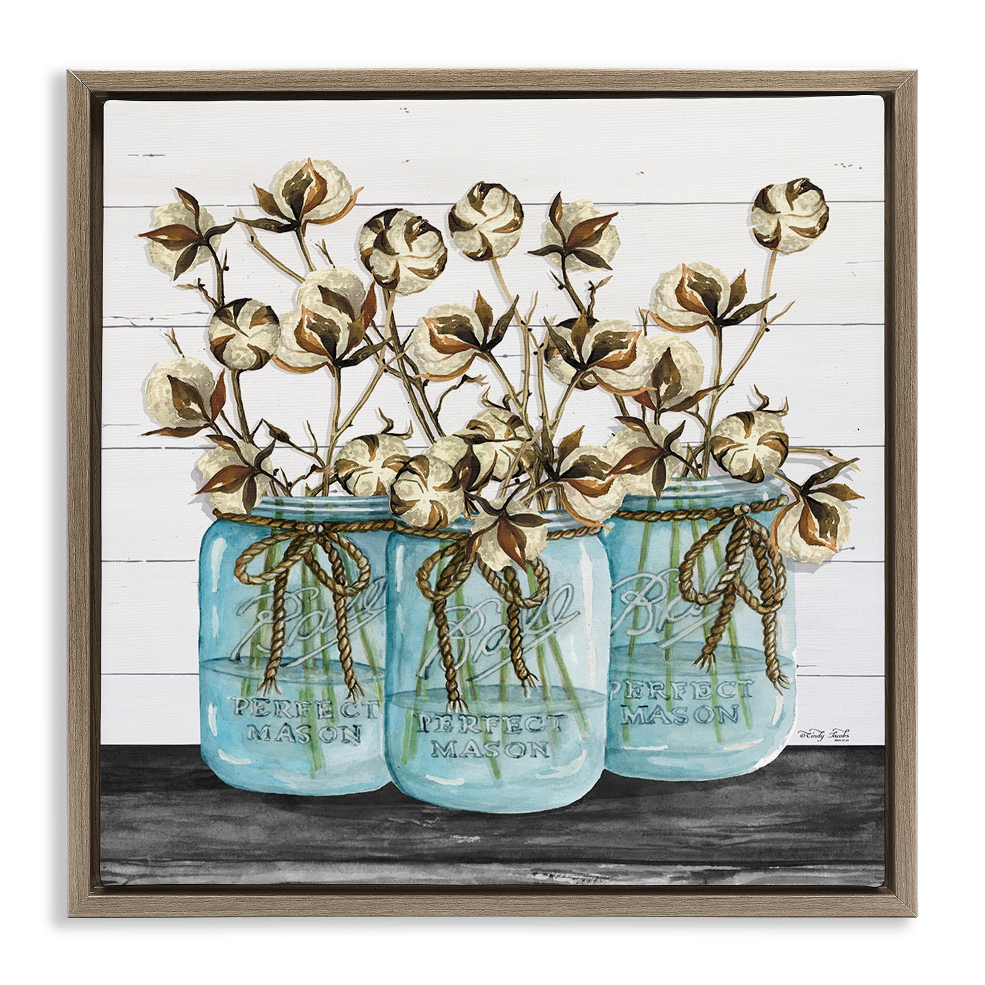 Stupell Industries Cotton in Rustic Jars Botanical & Floral Painting Brown Floater Framed Canvas Art Print Wall Art, 25 x 25