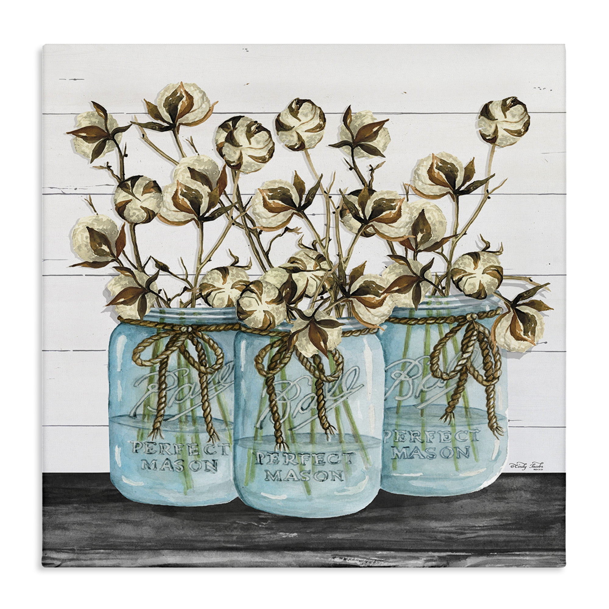 Stupell Industries Cotton in Rustic Jars Botanical & Floral Painting Gallery Wrapped Canvas Art Print Wall Art, 36 x 36