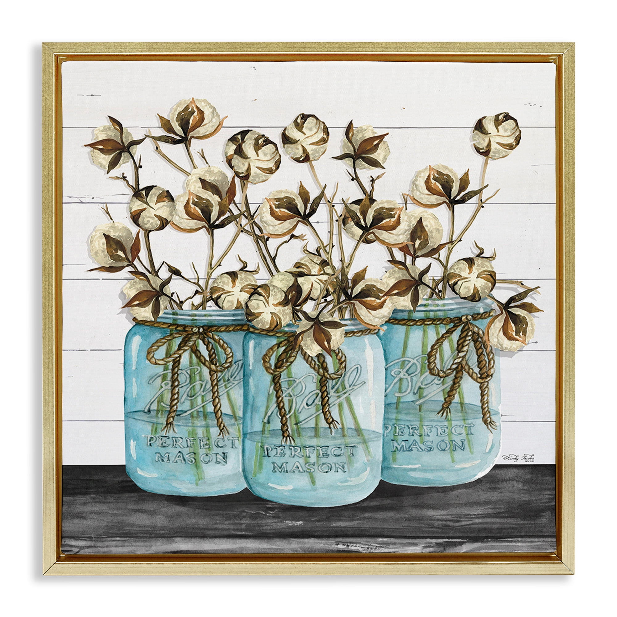 Stupell Industries Cotton in Rustic Jars Botanical & Floral Painting Gold Floater Framed Canvas Art Print Wall Art, 18 x 18