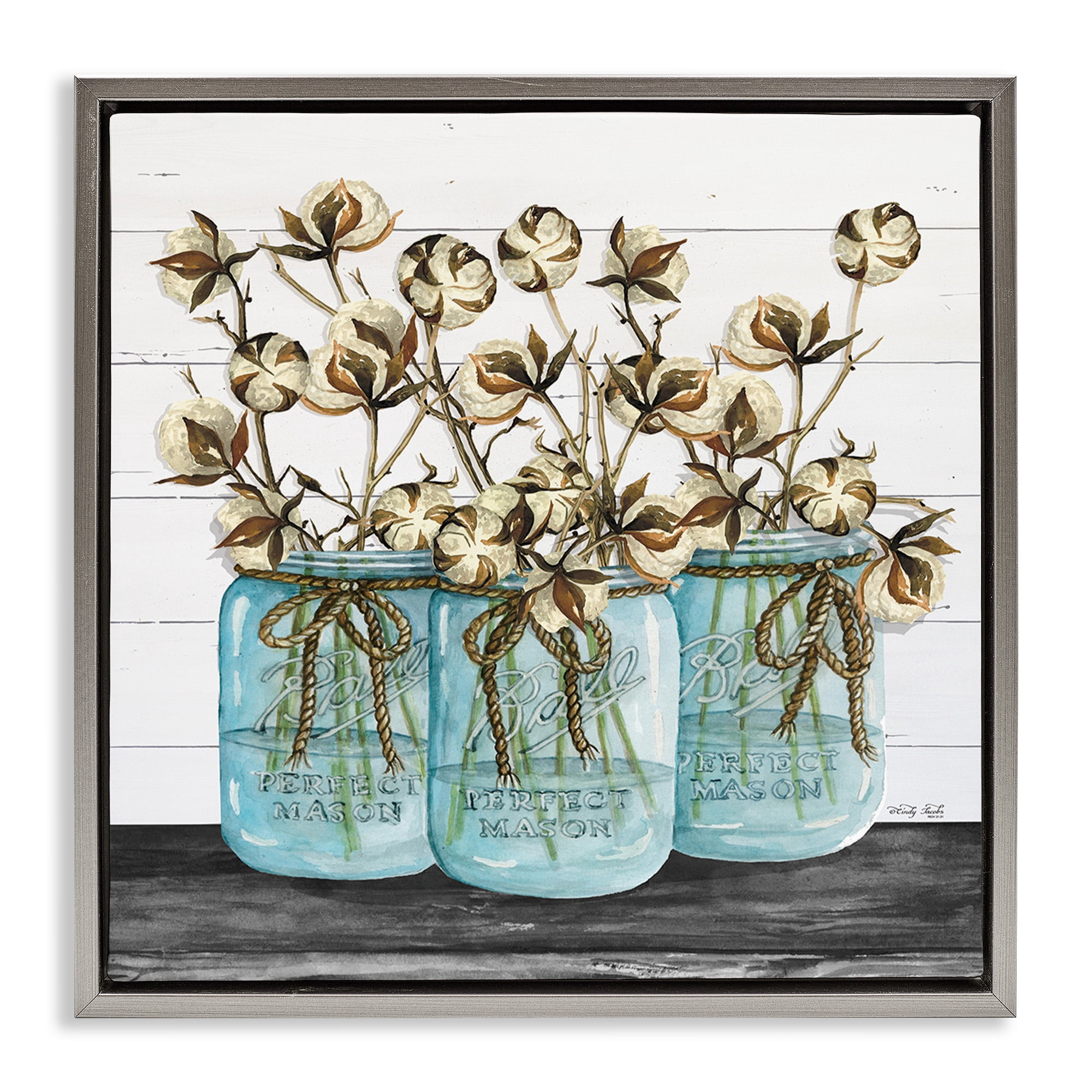 Stupell Industries Cotton in Rustic Jars Botanical & Floral Painting Gray Floater Framed Canvas Art Print Wall Art, 18 x 18