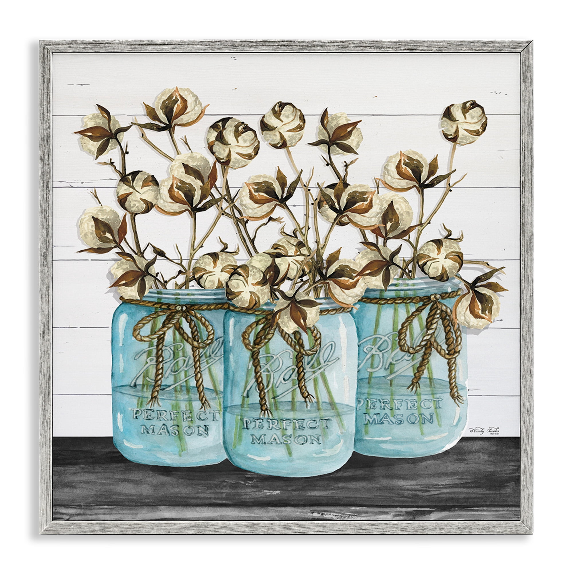 Stupell Industries Cotton in Rustic Jars Botanical & Floral Painting Gray Framed Art Print Wall Art, 24 x 24