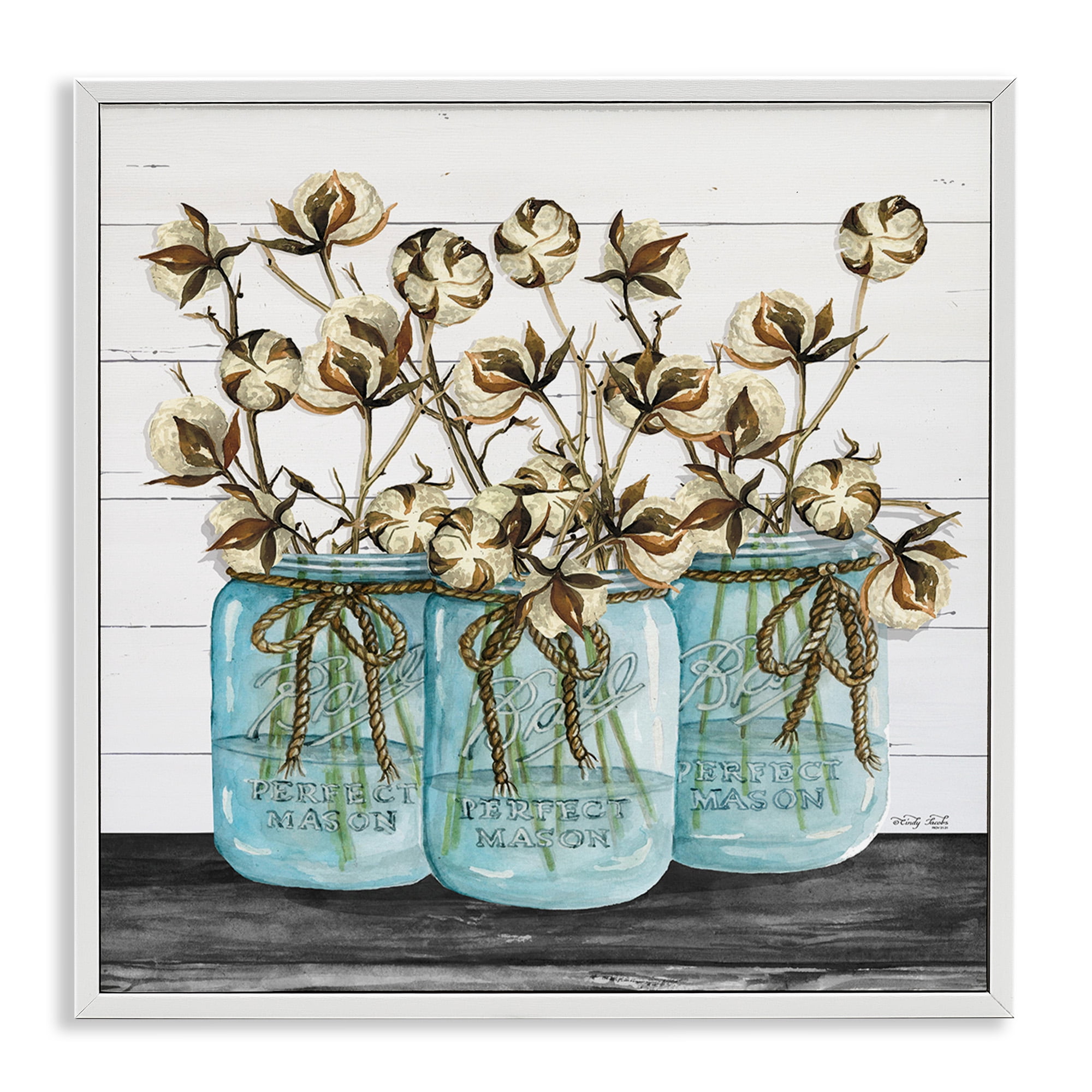 Stupell Industries Cotton in Rustic Jars Botanical & Floral Painting White Framed Art Print Wall Art, 17 x 17