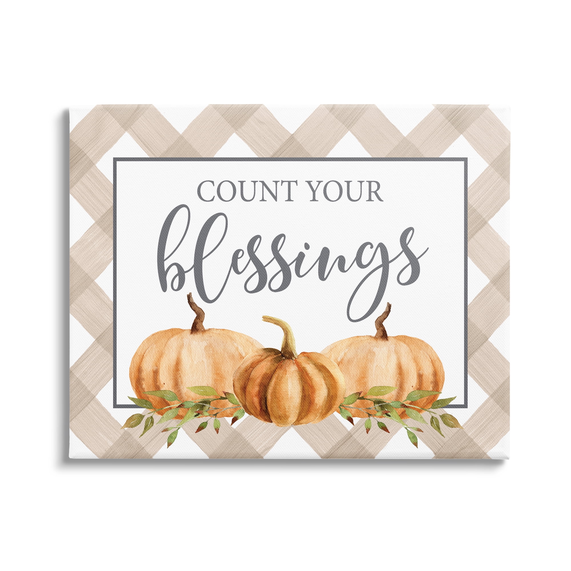 Stupell Industries Count Your Blessings Thankful Pumpkin Tartan Design Graphic Art Gallery Wrapped Canvas Print Wall Art, Design by Lettered and Lined