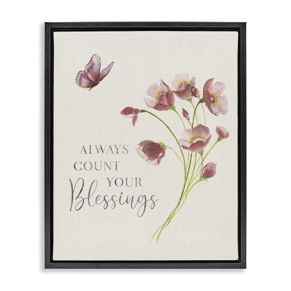 Stupell Industries Count Your Blessings Florals Inspirational Painting Black Floater Framed Canvas Art Print Wall Art, 25 x 31