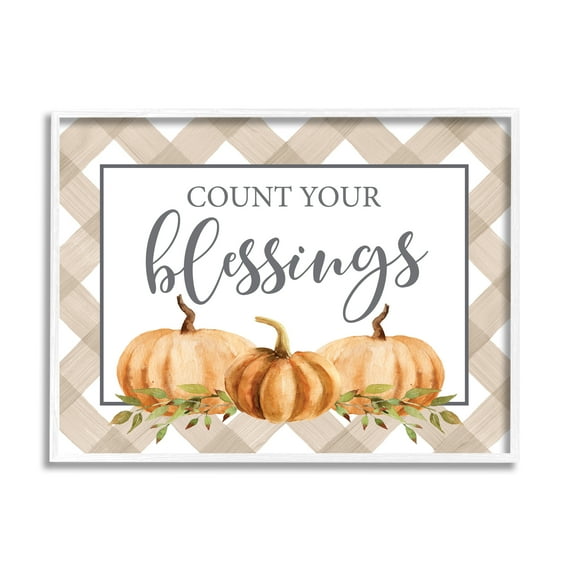 Stupell Industries Count Your Blessings Thankful Pumpkin Tartan Design Graphic Art White Framed Art Print Wall Art, Design by Lettered and Lined
