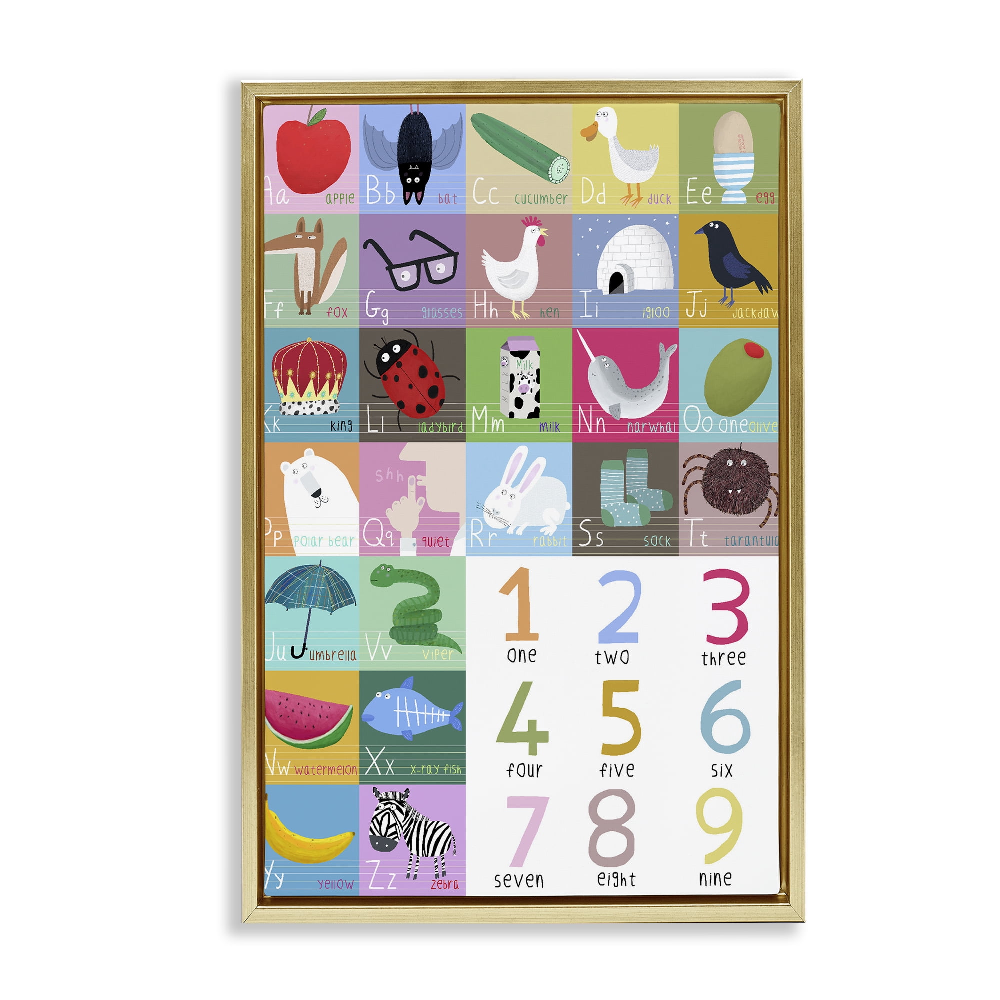 Stupell Industries Counting & Alphabet Learning Gold Framed Floater Canvas Wall Art, design by Carla Daly