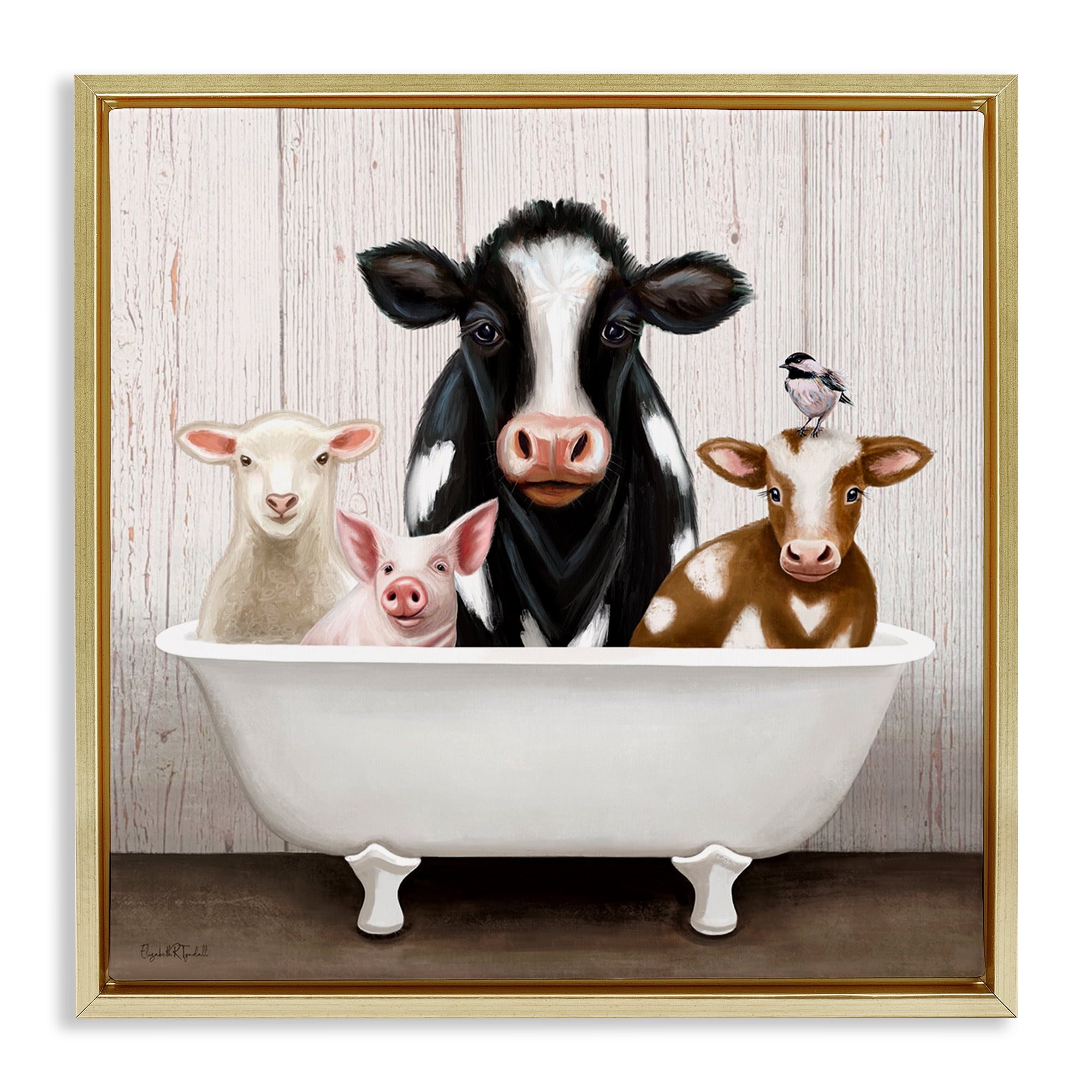 Country Animals Farmhouse Claw Bathtub Gold Floating Frame Canvas Art, 18 x 18