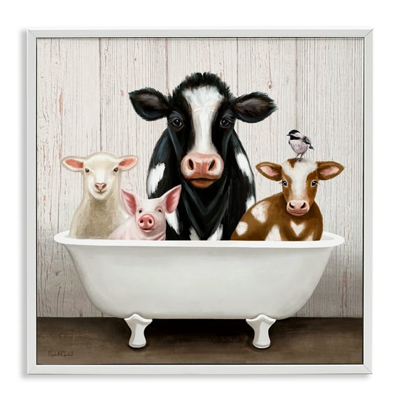 Country Animals Farmhouse Claw Bathtub White Framed Giclee Art, 24 x 24, Made In USA