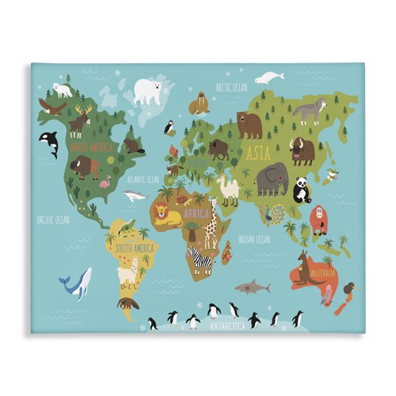 Stupell Industries Contemporary Country Animals World Map Continents Wildlife Diagram Canvas Art, 30 x 24, by Abi Hall