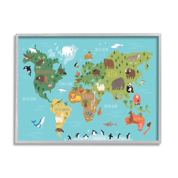 Stupell Industries Country Animals World Map Continents Wildlife Diagram Graphic Art Gray Framed Art Print Wall Art, Design by Abi Hall