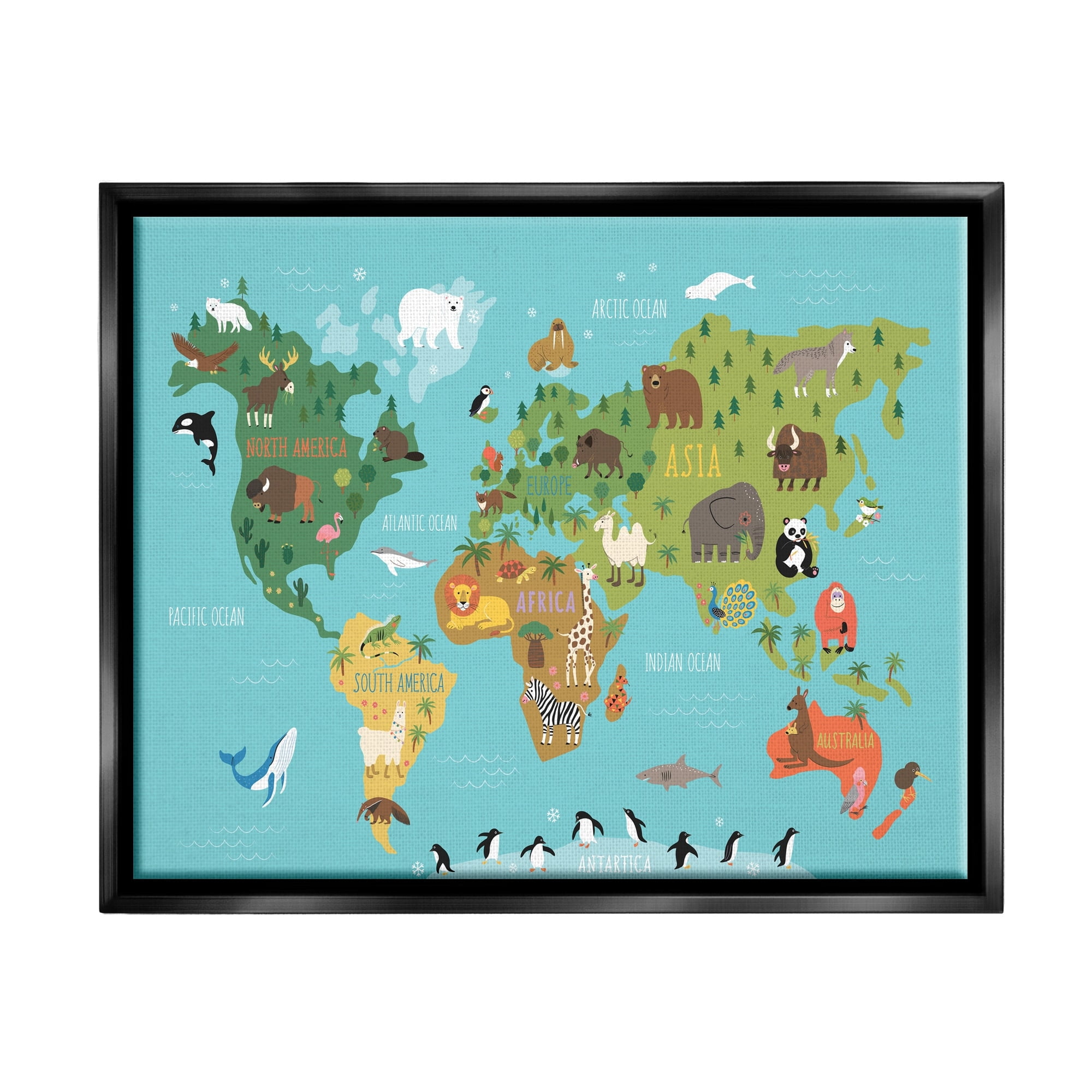 Stupell Industries Country Animals World Map Continents Wildlife Diagram Graphic Art Jet Black Floating Framed Canvas Print Wall Art, Design by Abi Hall