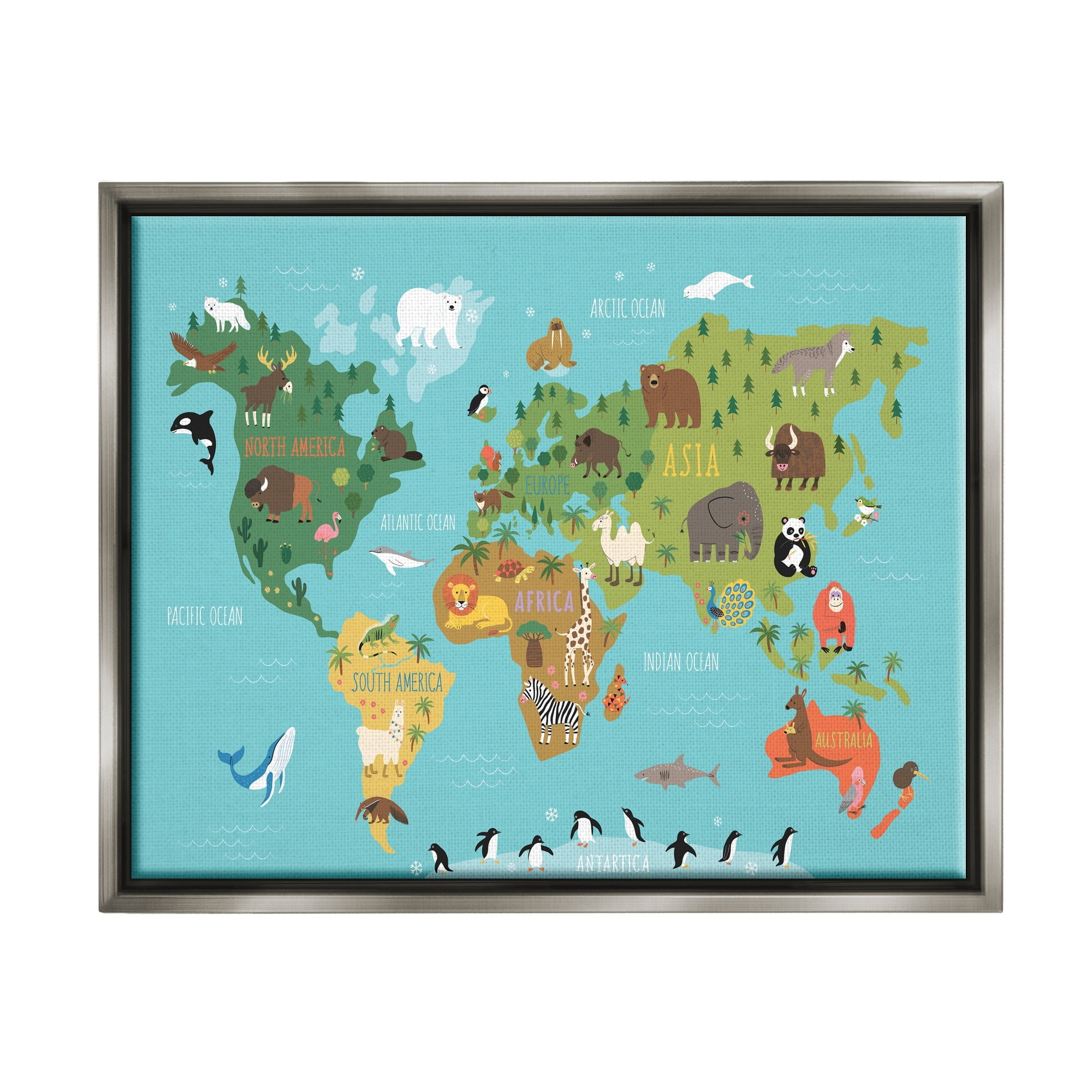 Stupell Industries Country Animals World Map Continents Wildlife Diagram Graphic Art Luster Gray Floating Framed Canvas Print Wall Art, Design by Abi Hall